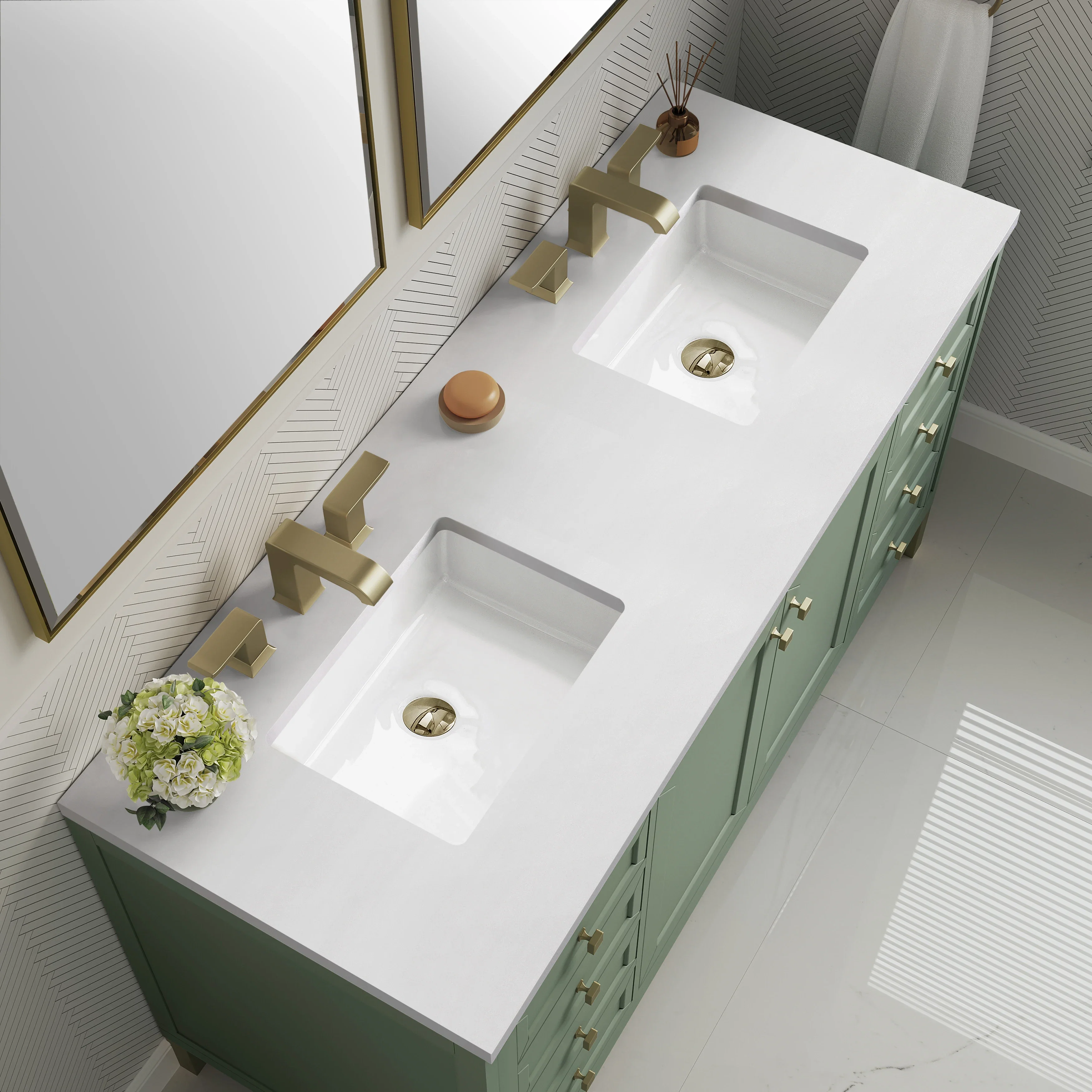 Chicago 60" Double Vanity, Smokey Celadon, w/ 3 CM White Zeus Silestone® Top