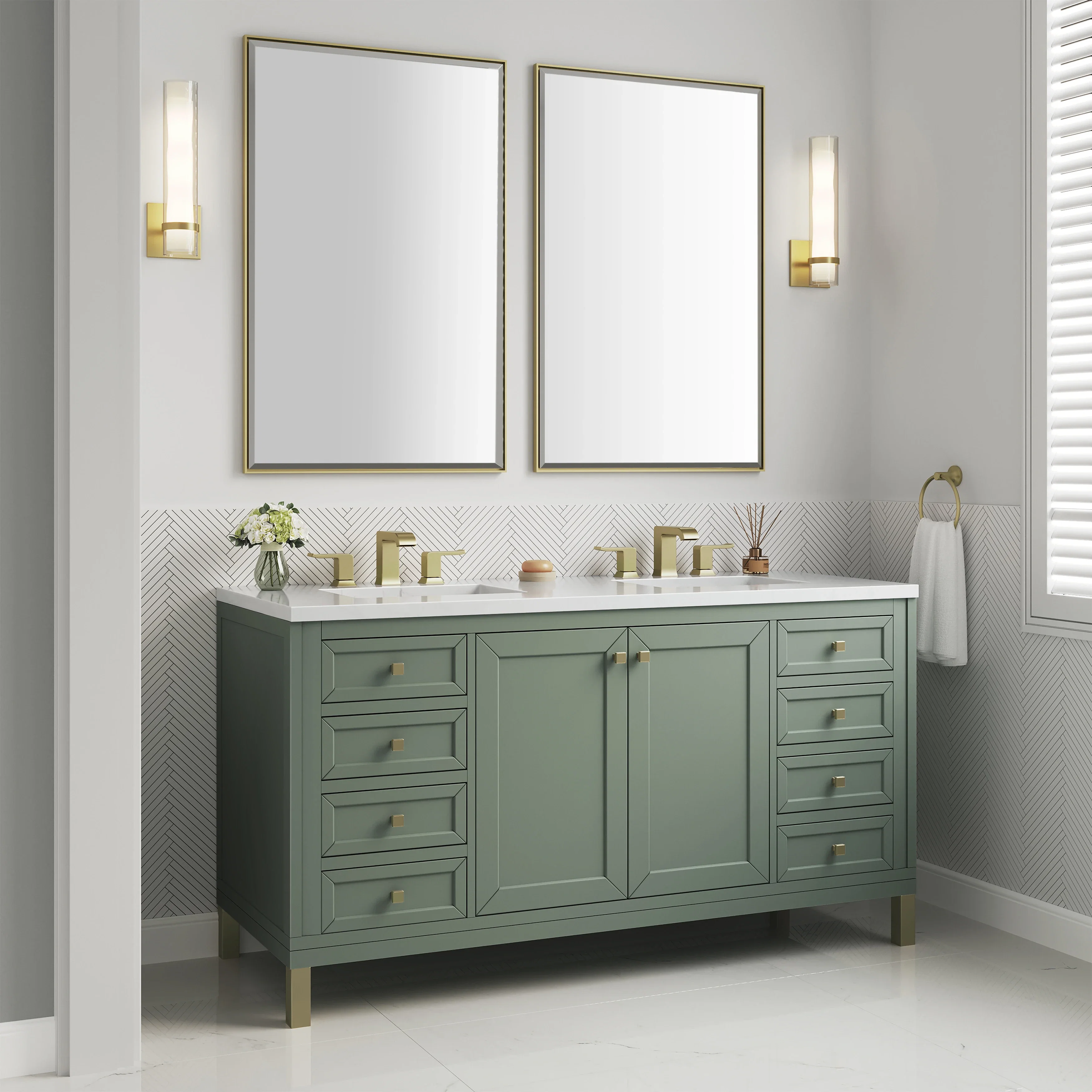 Chicago 60" Double Vanity, Smokey Celadon, w/ 3 CM White Zeus Silestone® Top