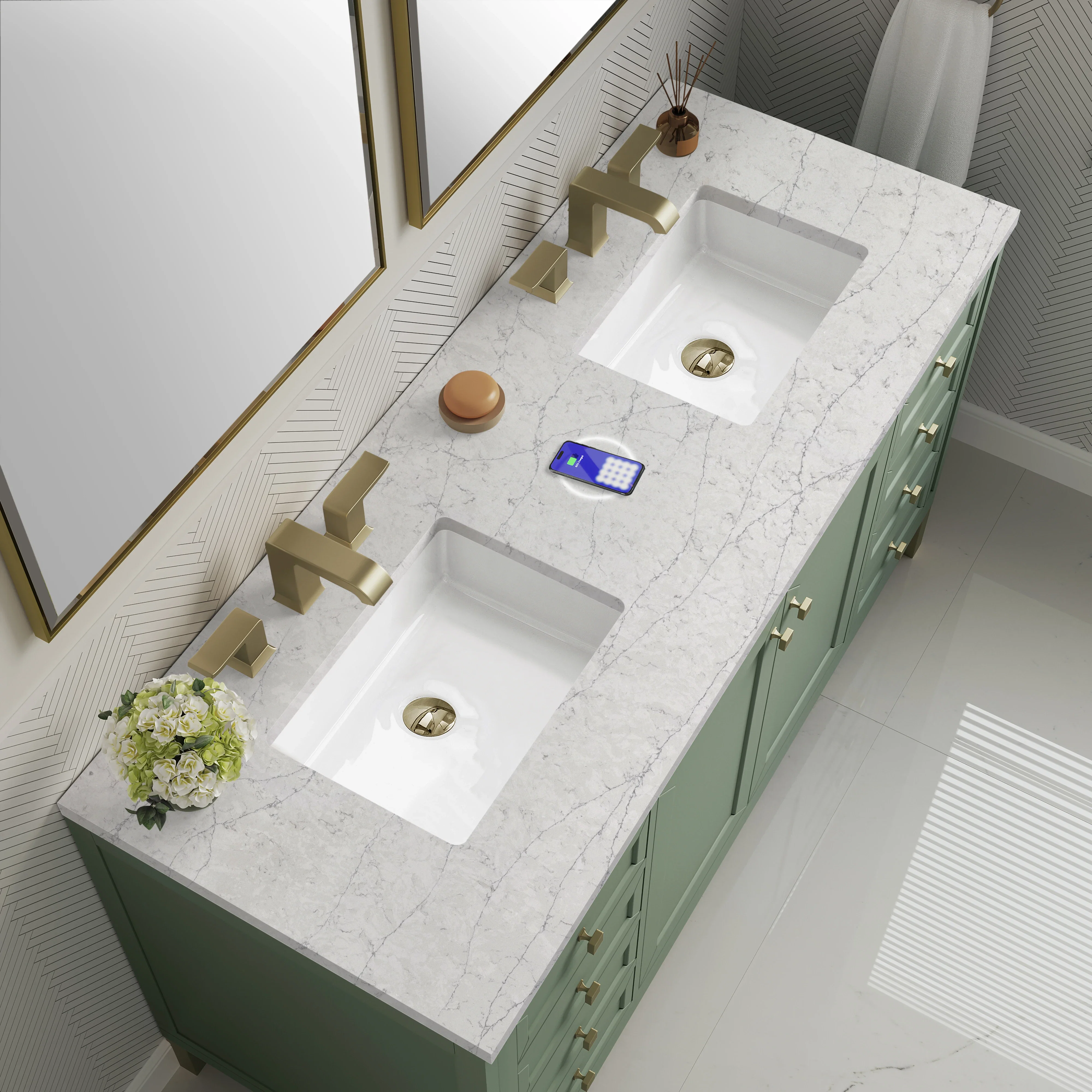 Chicago 60" Double Vanity, Smokey Celadon, w/ 3 CM Eternal Jasmine Pearl Silestone® Top w/FreePower Wireless Charger