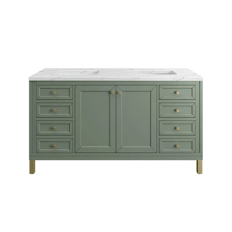 Chicago 60" Double Vanity, Smokey Celadon, w/ 3 CM Ethereal Noctis Silestone® Top w/FreePower Wireless Charger