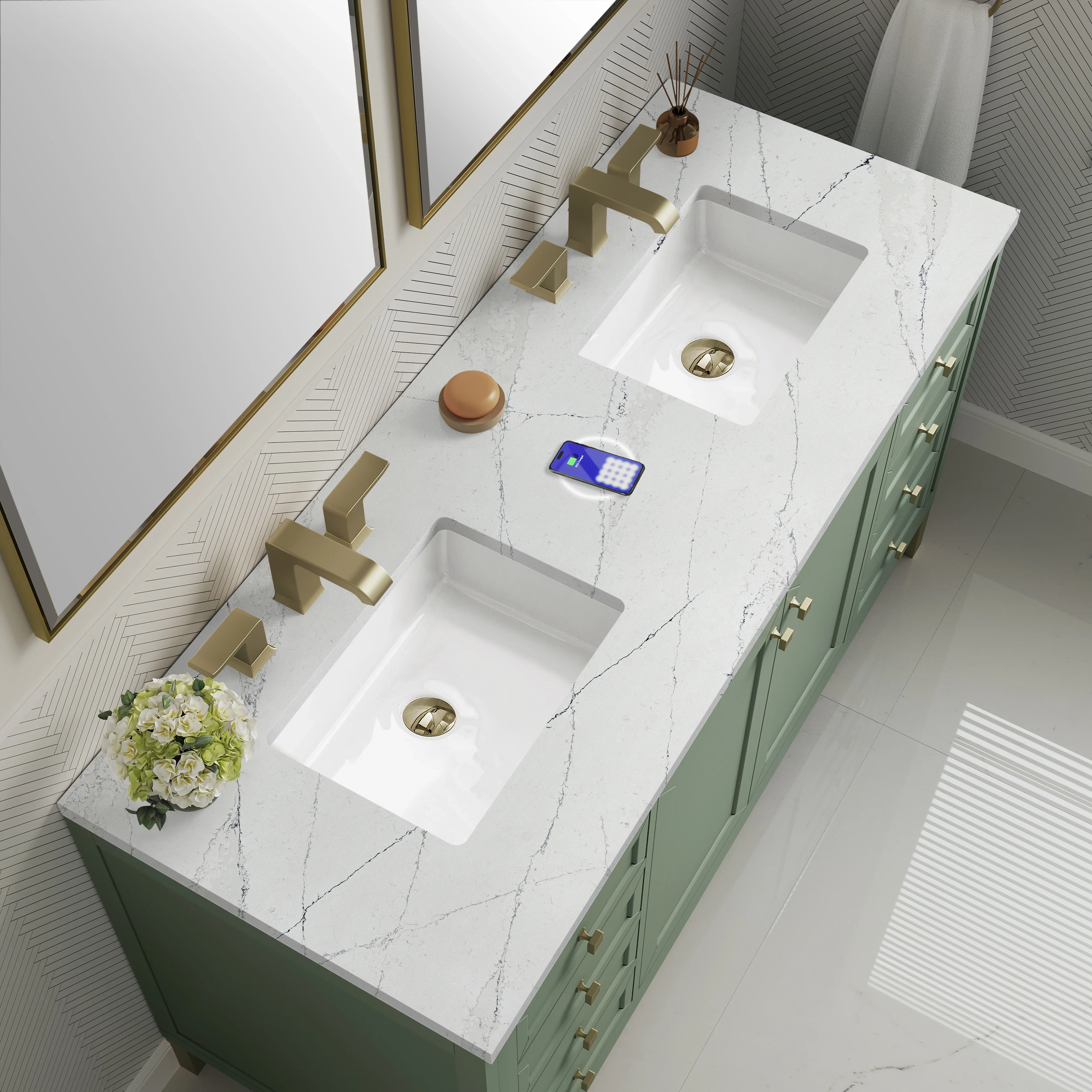 Chicago 60" Double Vanity, Smokey Celadon, w/ 3 CM Ethereal Noctis Silestone® Top w/FreePower Wireless Charger