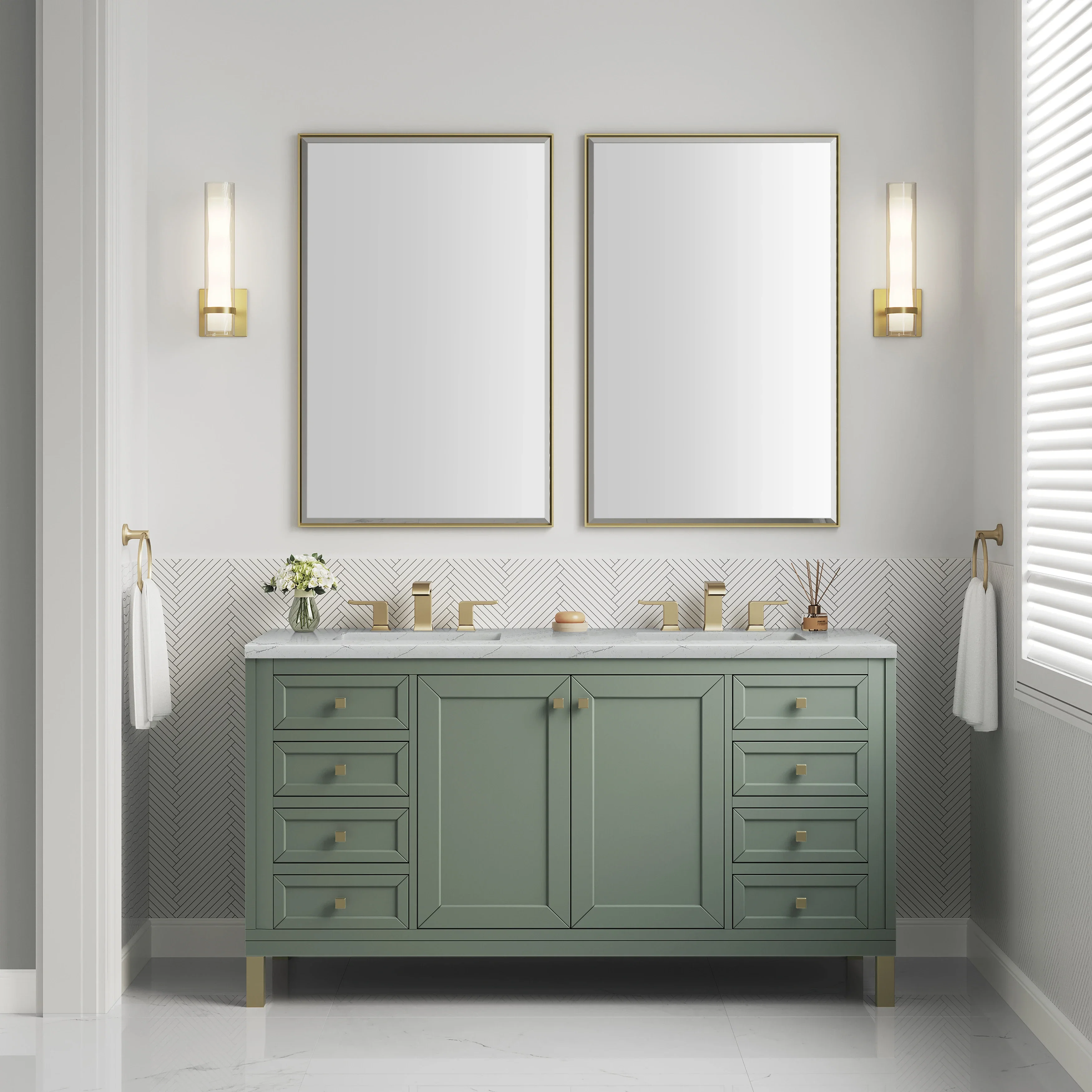 Chicago 60" Double Vanity, Smokey Celadon, w/ 3 CM Ethereal Noctis Silestone® Top w/FreePower Wireless Charger