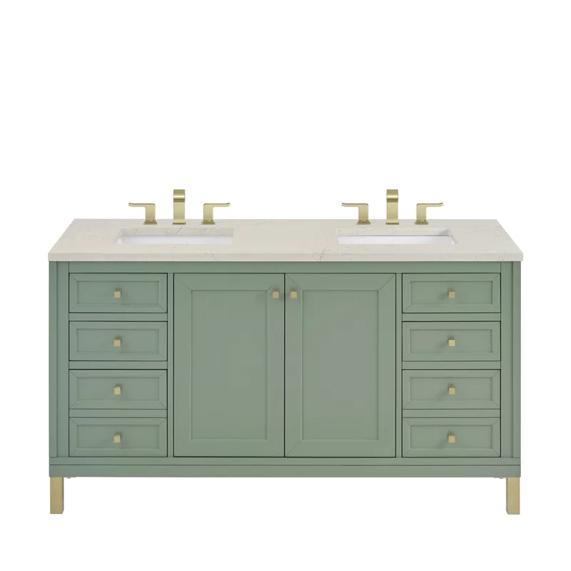 Chicago 60" Double Vanity, Smokey Celadon, w/ 3 CM Siberian Silestone Top w/FreePower Wireless Charger