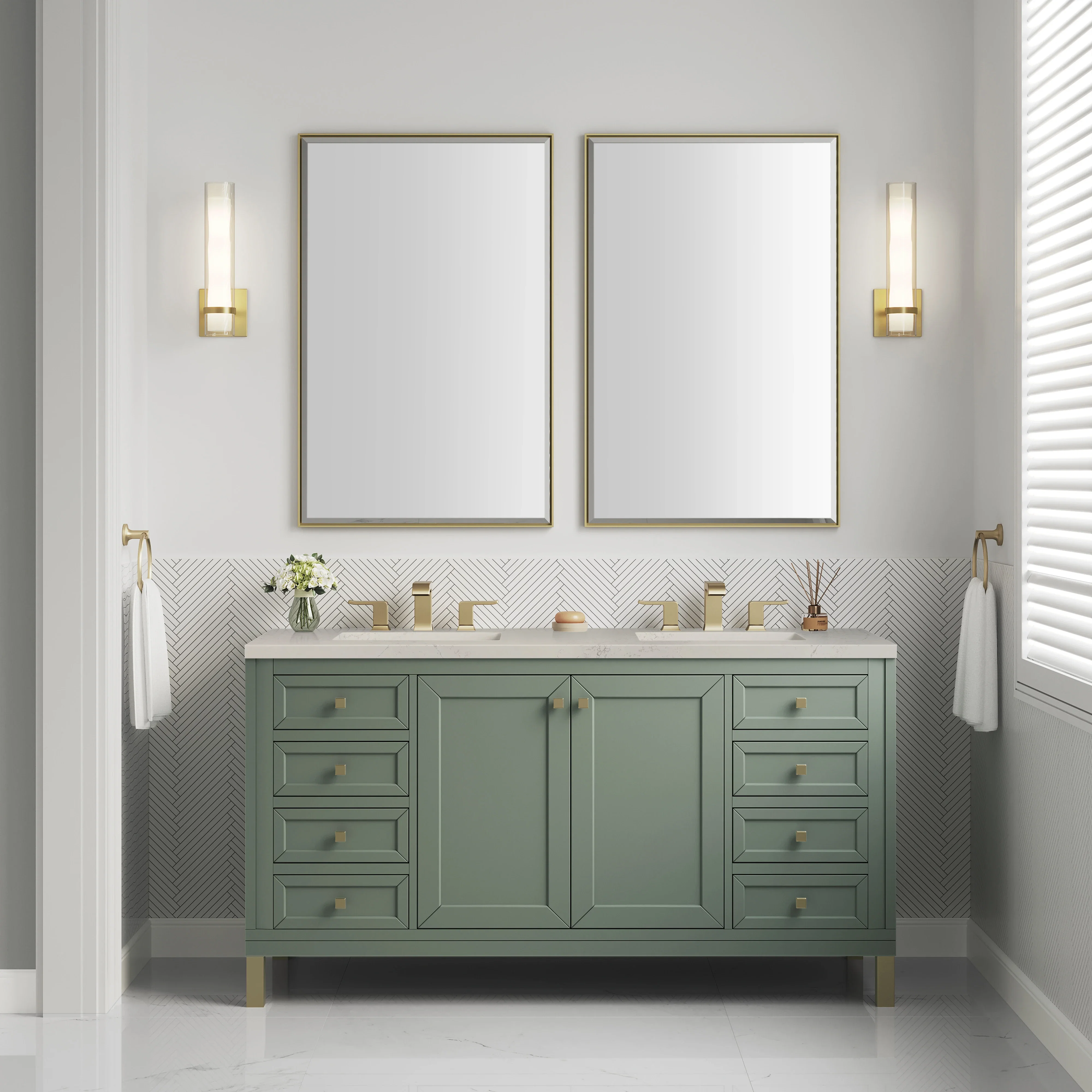 Chicago 60" Double Vanity, Smokey Celadon, w/ 3 CM Siberian Silestone Top w/FreePower Wireless Charger
