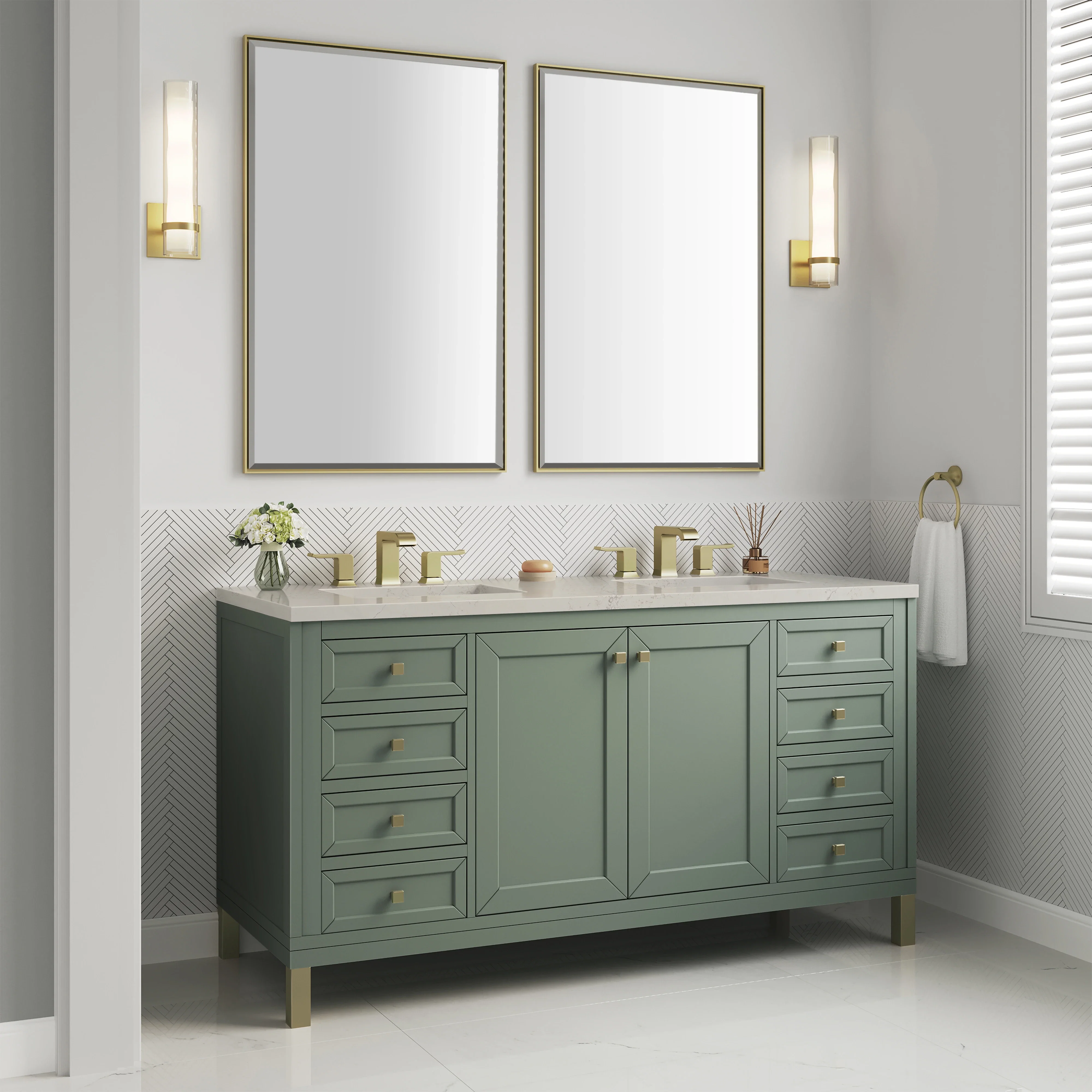 Chicago 60" Double Vanity, Smokey Celadon, w/ 3 CM Siberian Silestone Top w/FreePower Wireless Charger