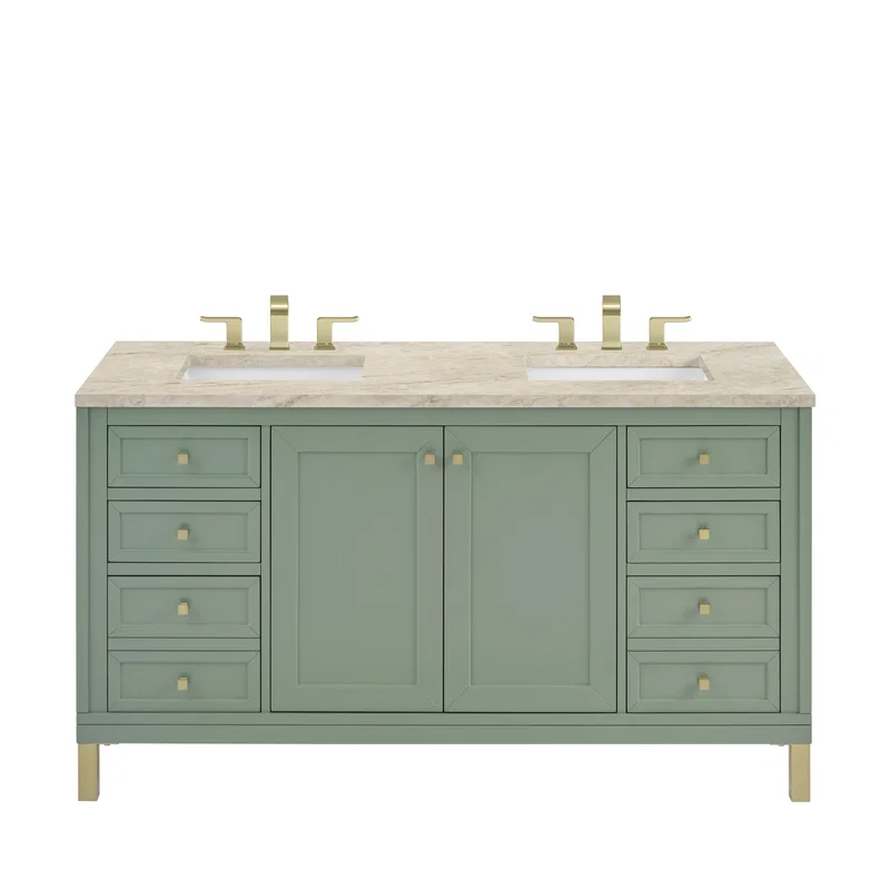 Chicago 60" Double Vanity, Smokey Celadon, w/ 3 CM Tajnar Eclos Top w/FreePower Wireless Charger