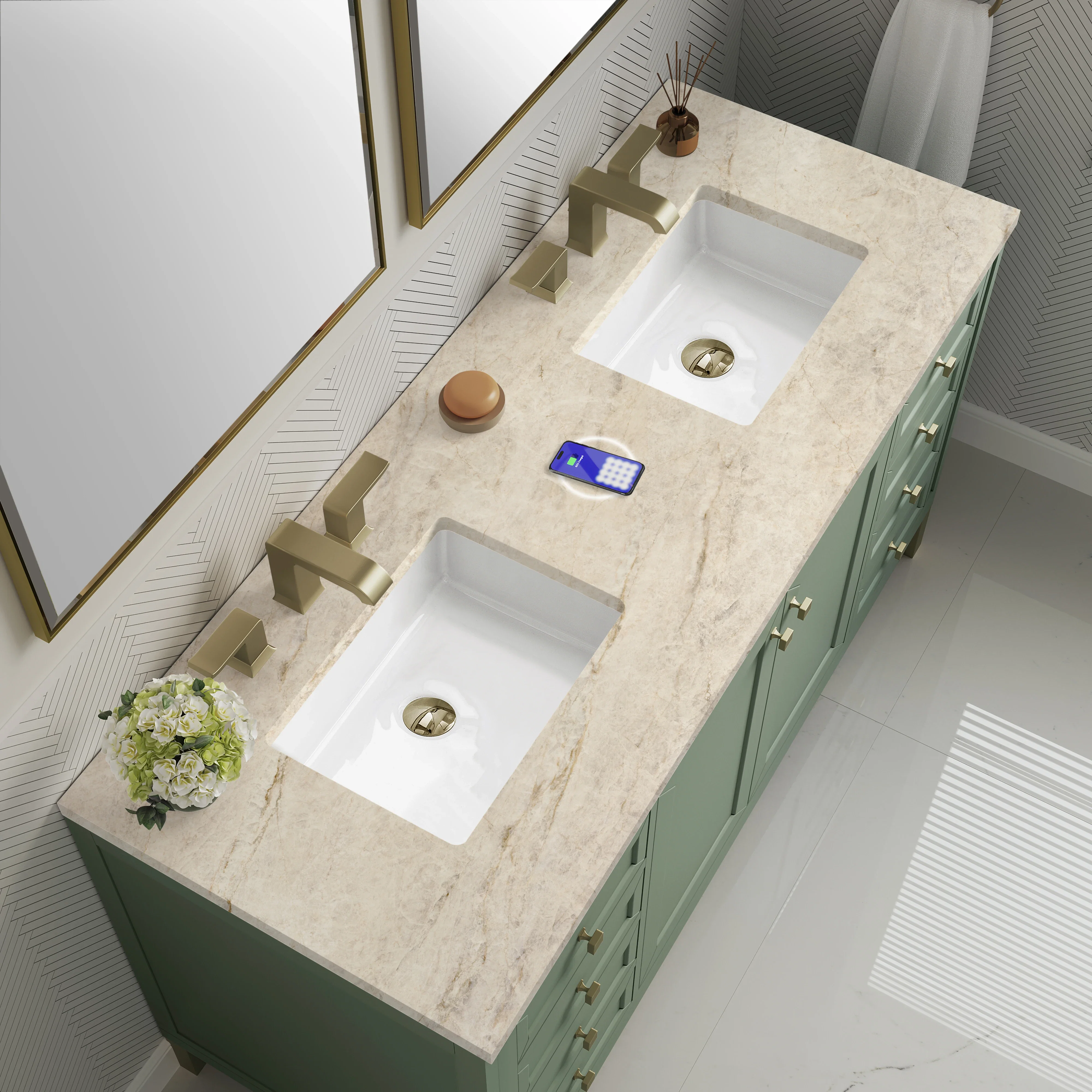 Chicago 60" Double Vanity, Smokey Celadon, w/ 3 CM Tajnar Eclos Top w/FreePower Wireless Charger