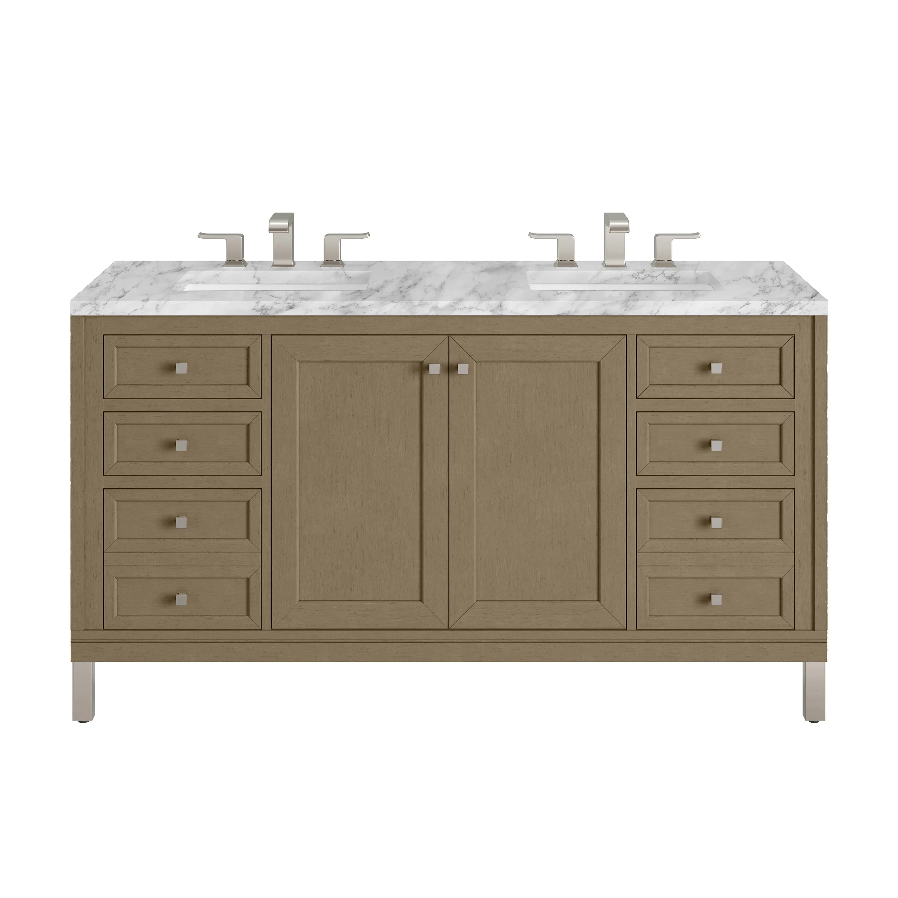 Chicago 60" Double Vanity, Walnut Whisper, w/ 3 CM Carrara Marble Top