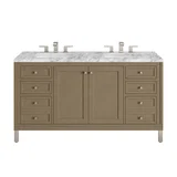 Chicago 60" Double Vanity, Walnut Whisper, w/ 3 CM Carrara Marble Top