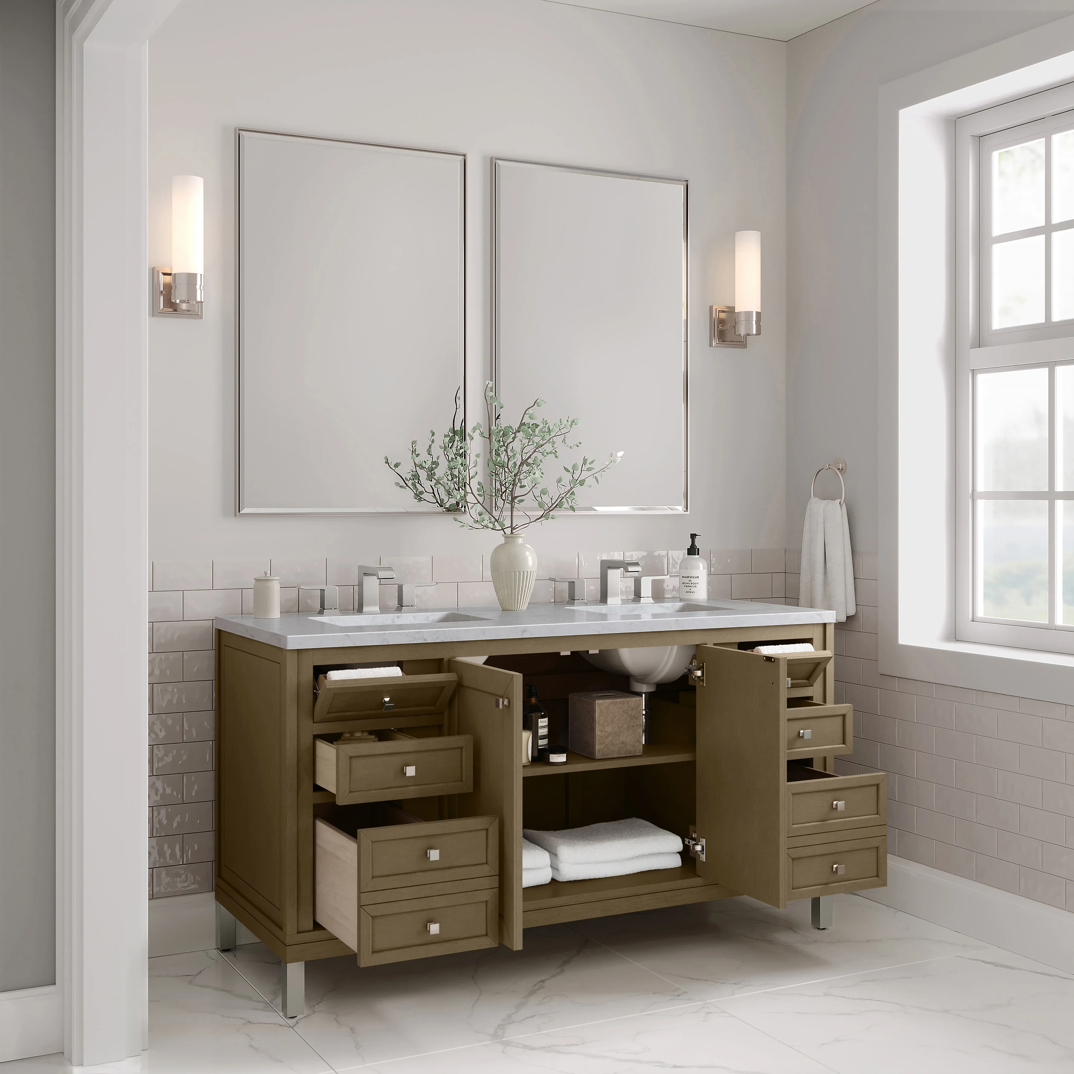 Chicago 60" Double Vanity, Walnut Whisper, w/ 3 CM Carrara Marble Top