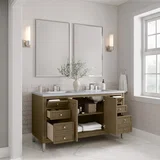 Chicago 60" Double Vanity, Walnut Whisper, w/ 3 CM Carrara Marble Top