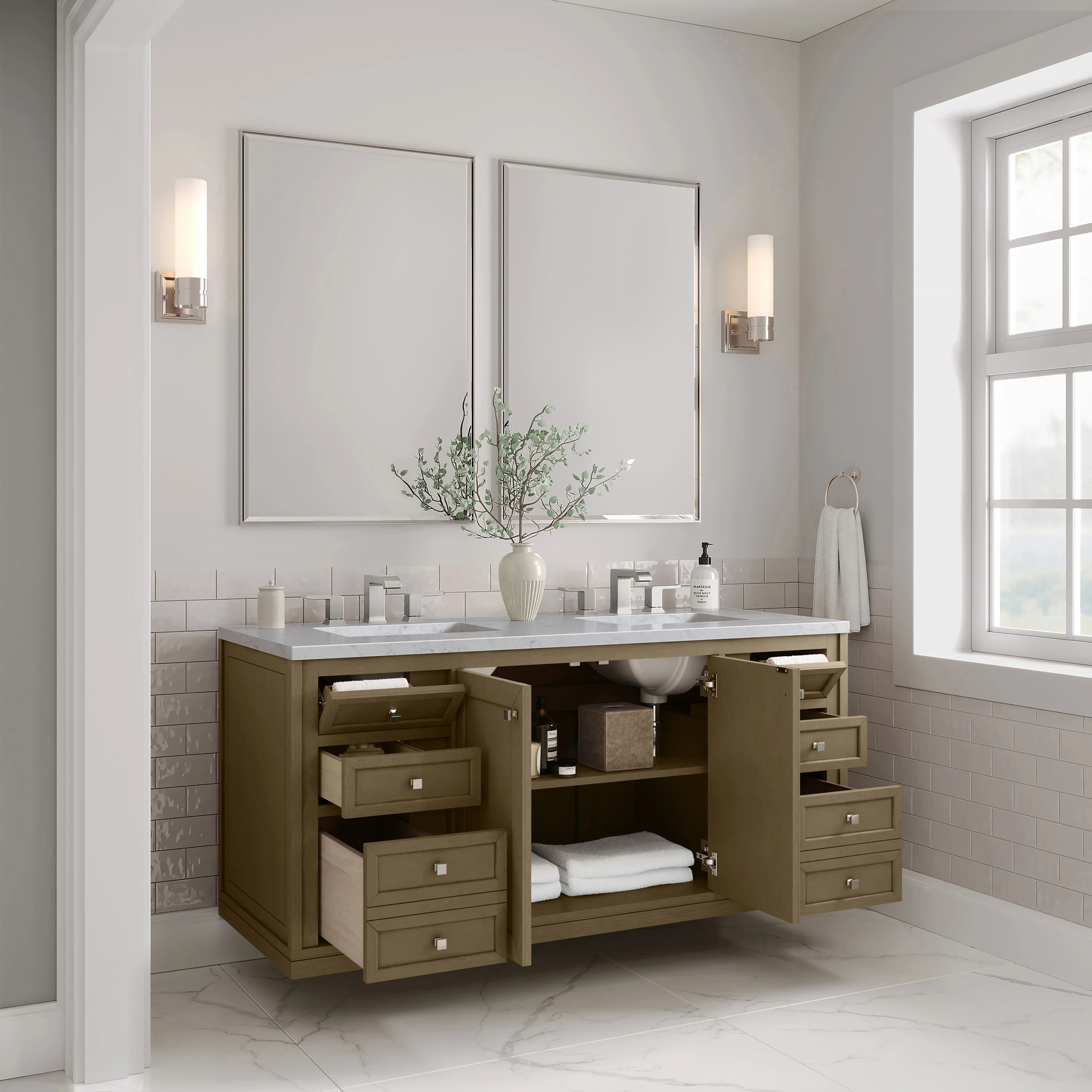 Chicago 60" Double Vanity, Walnut Whisper, w/ 3 CM Carrara Marble Top