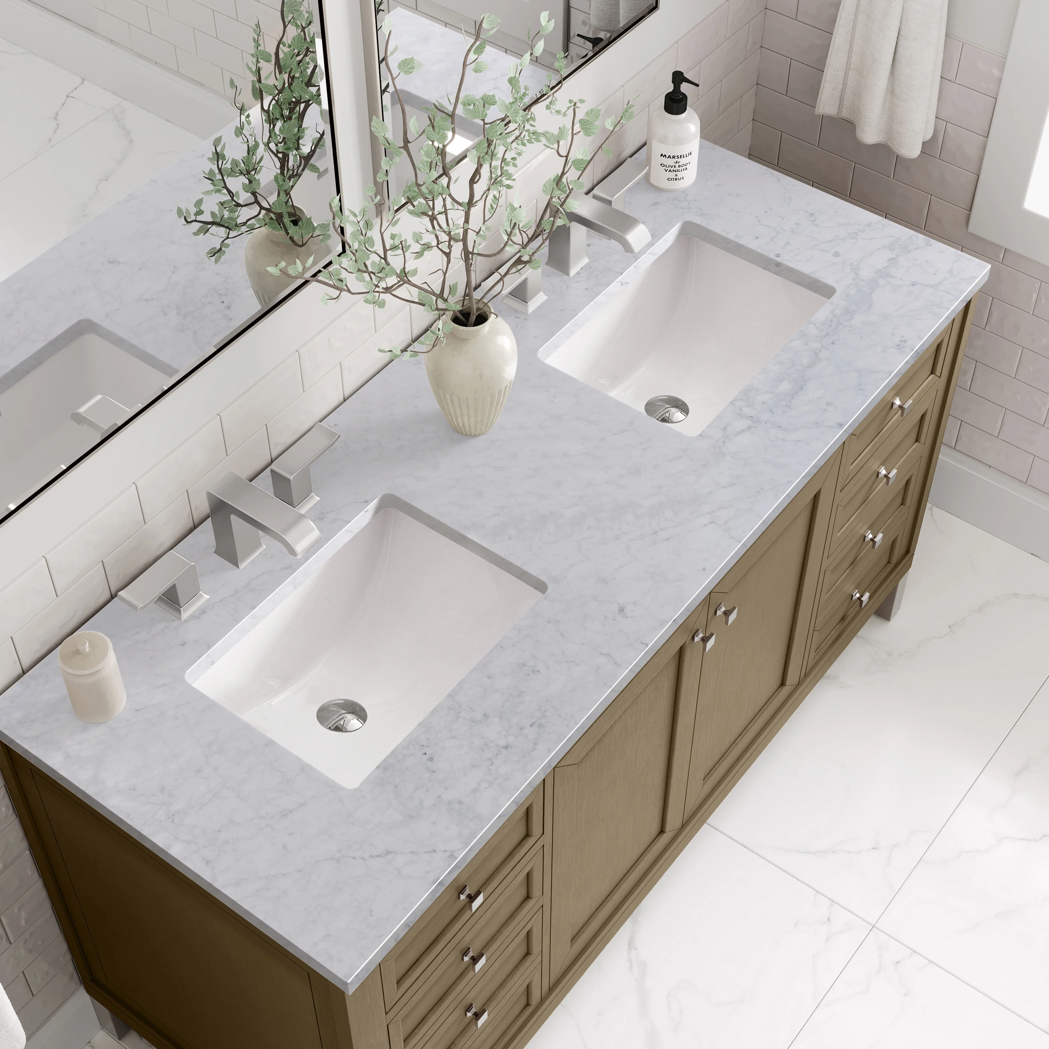 Chicago 60" Double Vanity, Walnut Whisper, w/ 3 CM Carrara Marble Top