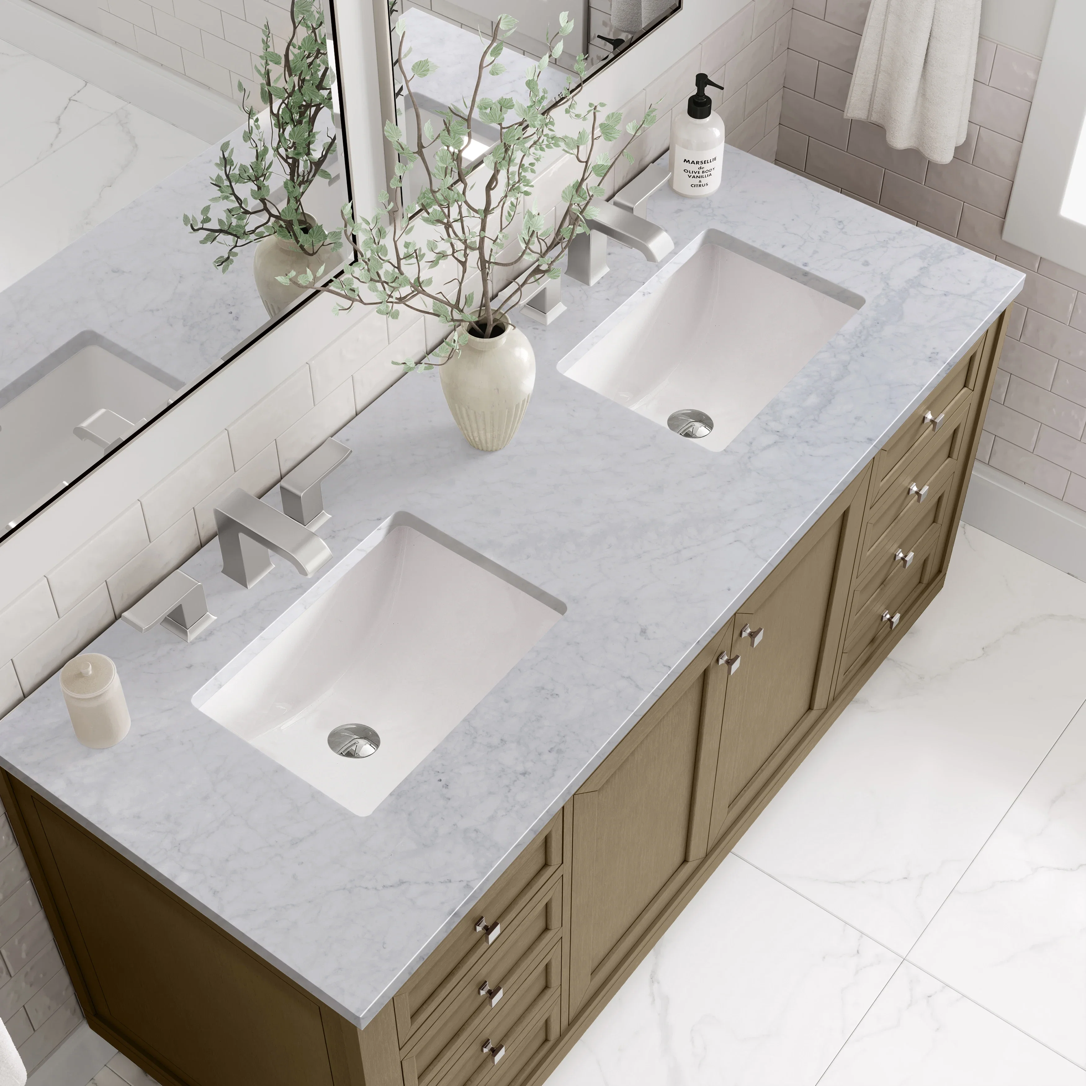 Chicago 60" Double Vanity, Walnut Whisper, w/ 3 CM Carrara Marble Top