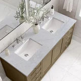 Chicago 60" Double Vanity, Walnut Whisper, w/ 3 CM Carrara Marble Top