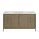 Chicago 60" Double Vanity, Walnut Whisper, w/ 3 CM Carrara Marble Top