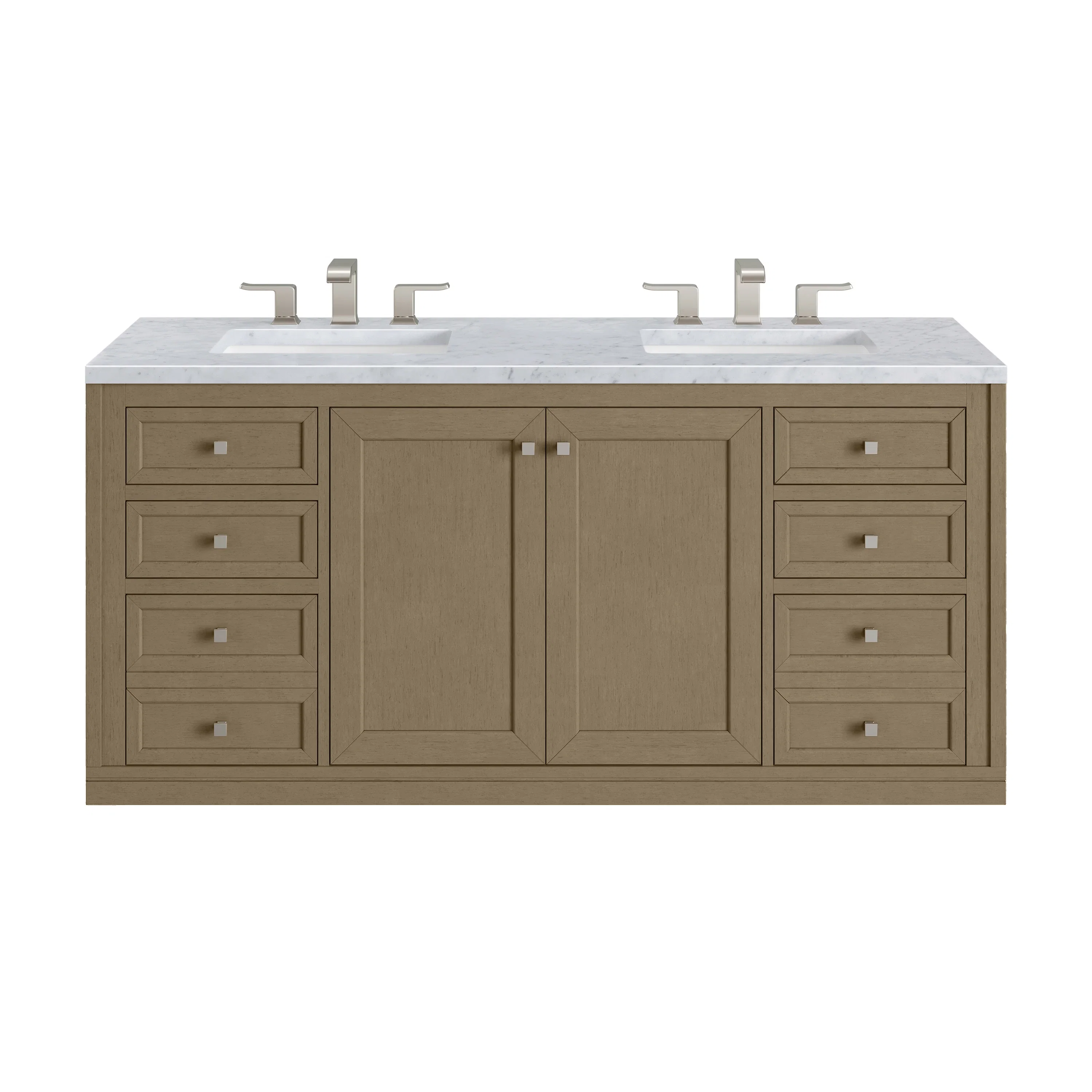 Chicago 60" Double Vanity, Walnut Whisper, w/ 3 CM Carrara Marble Top