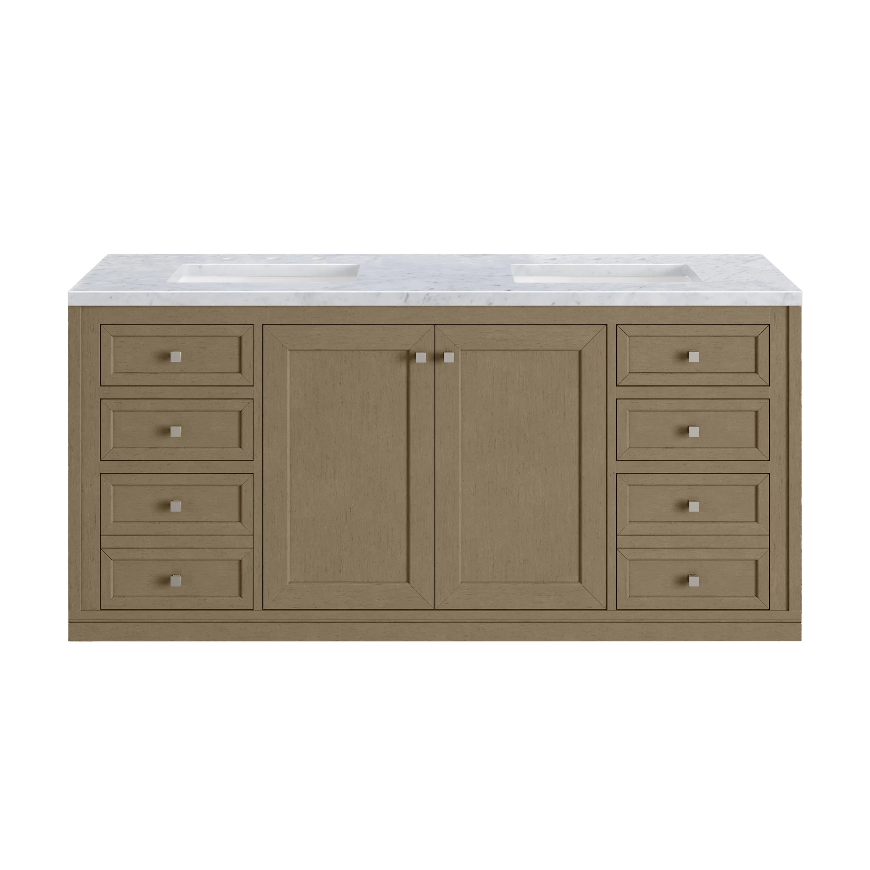 Chicago 60" Double Vanity, Walnut Whisper, w/ 3 CM Carrara Marble Top