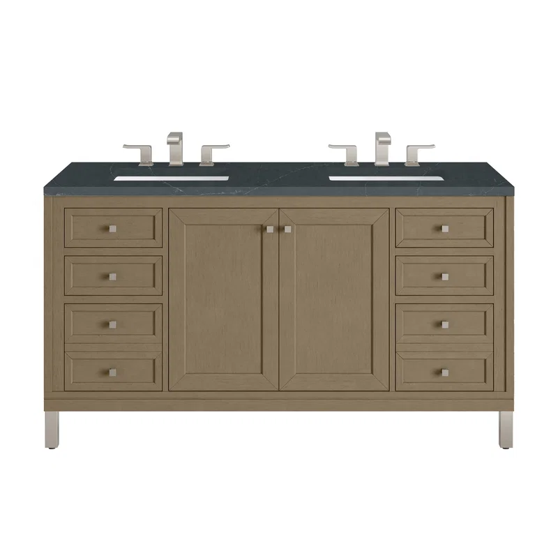 Chicago 60" Double Vanity, Walnut Whisper, w/ 3 CM Charcoal Soapstone Silestone® Top