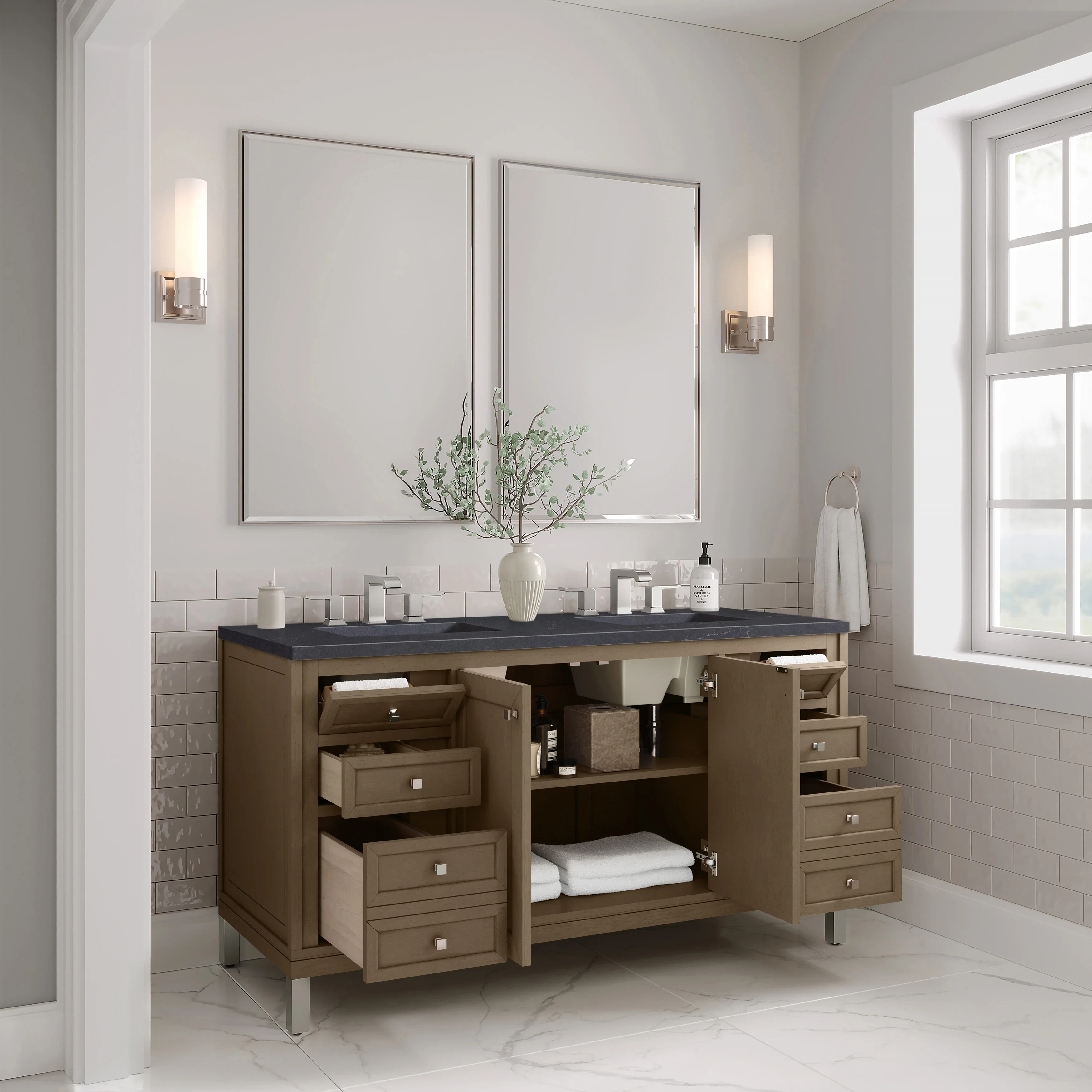 Chicago 60" Double Vanity, Walnut Whisper, w/ 3 CM Charcoal Soapstone Silestone® Top