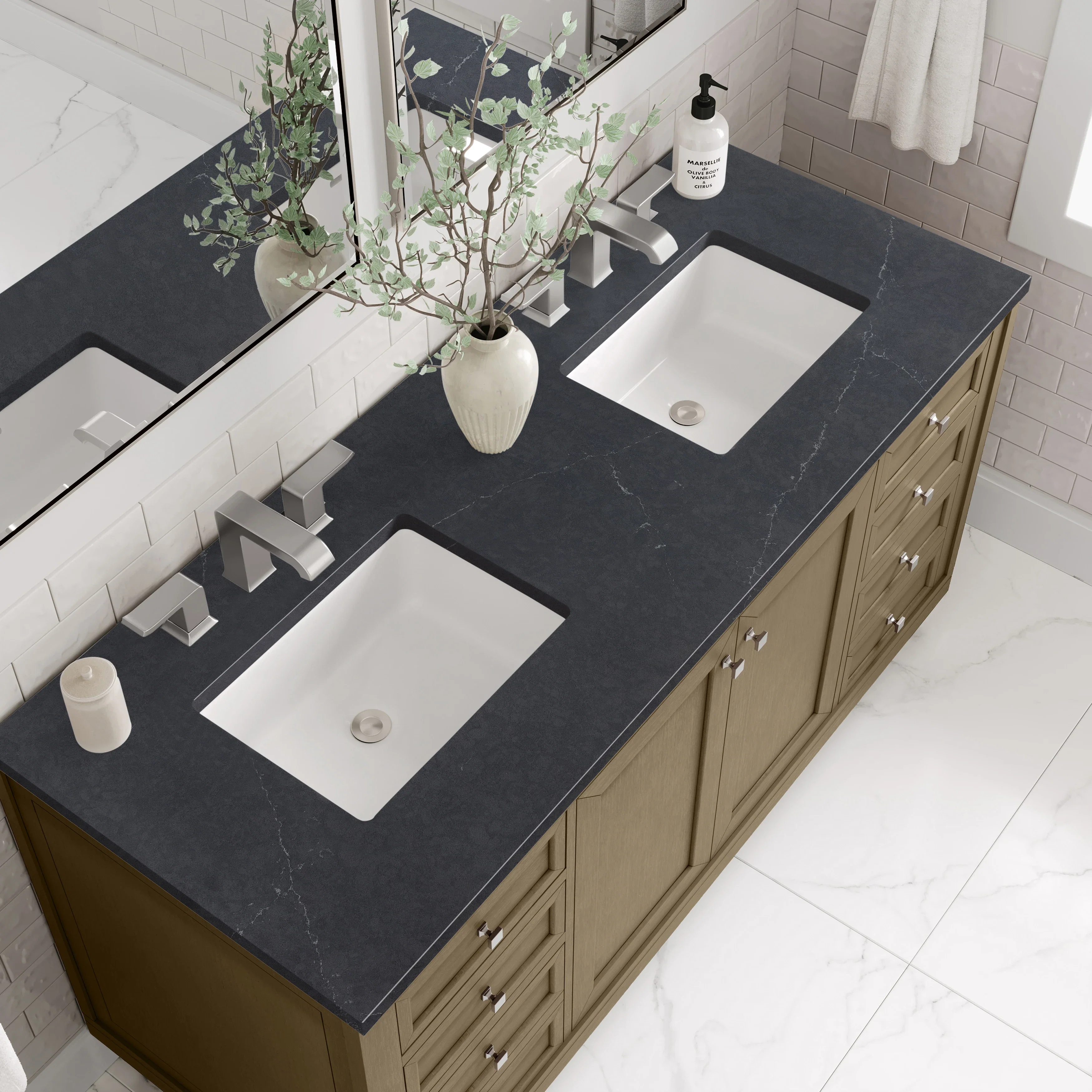 Chicago 60" Double Vanity, Walnut Whisper, w/ 3 CM Charcoal Soapstone Silestone® Top