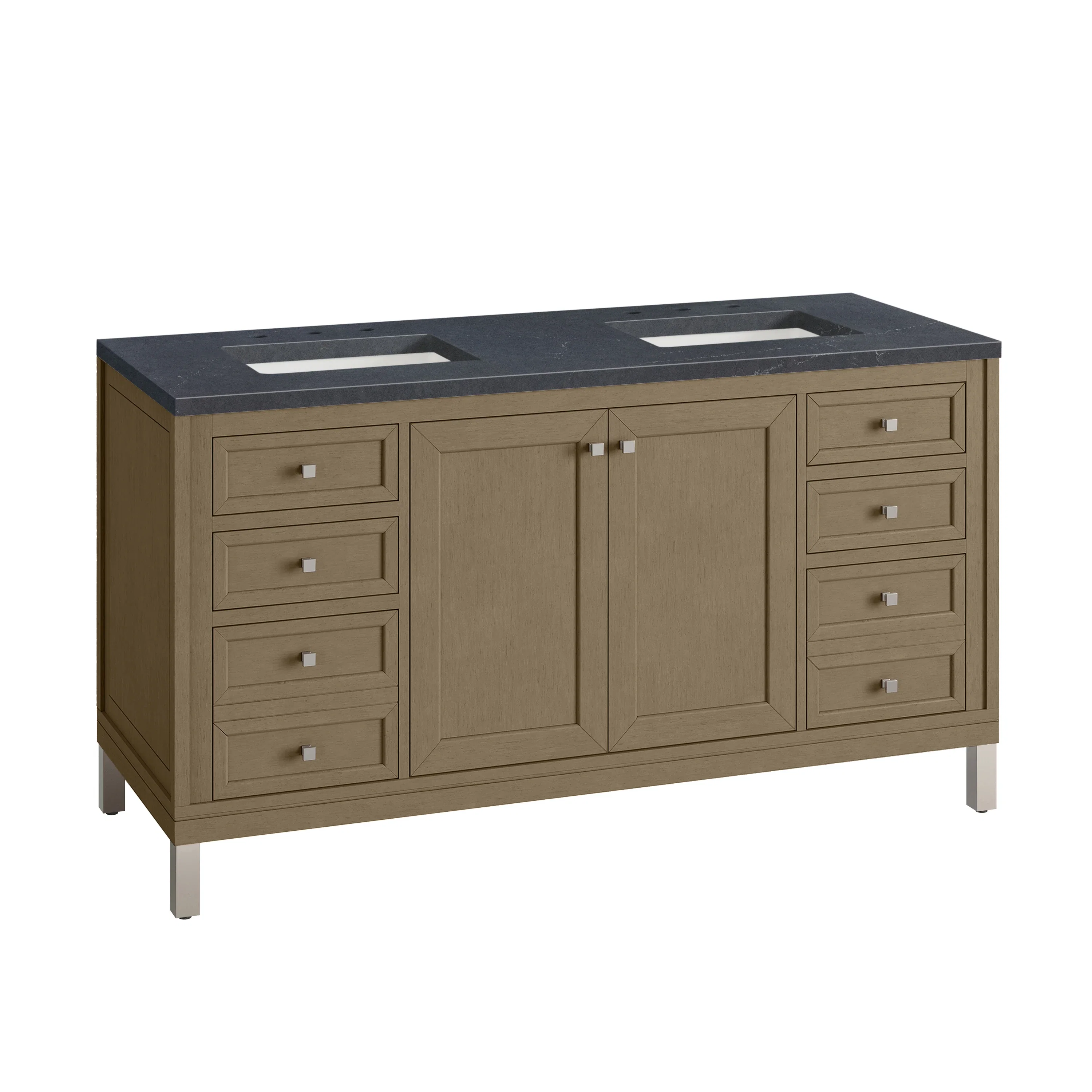 Chicago 60" Double Vanity, Walnut Whisper, w/ 3 CM Charcoal Soapstone Silestone® Top