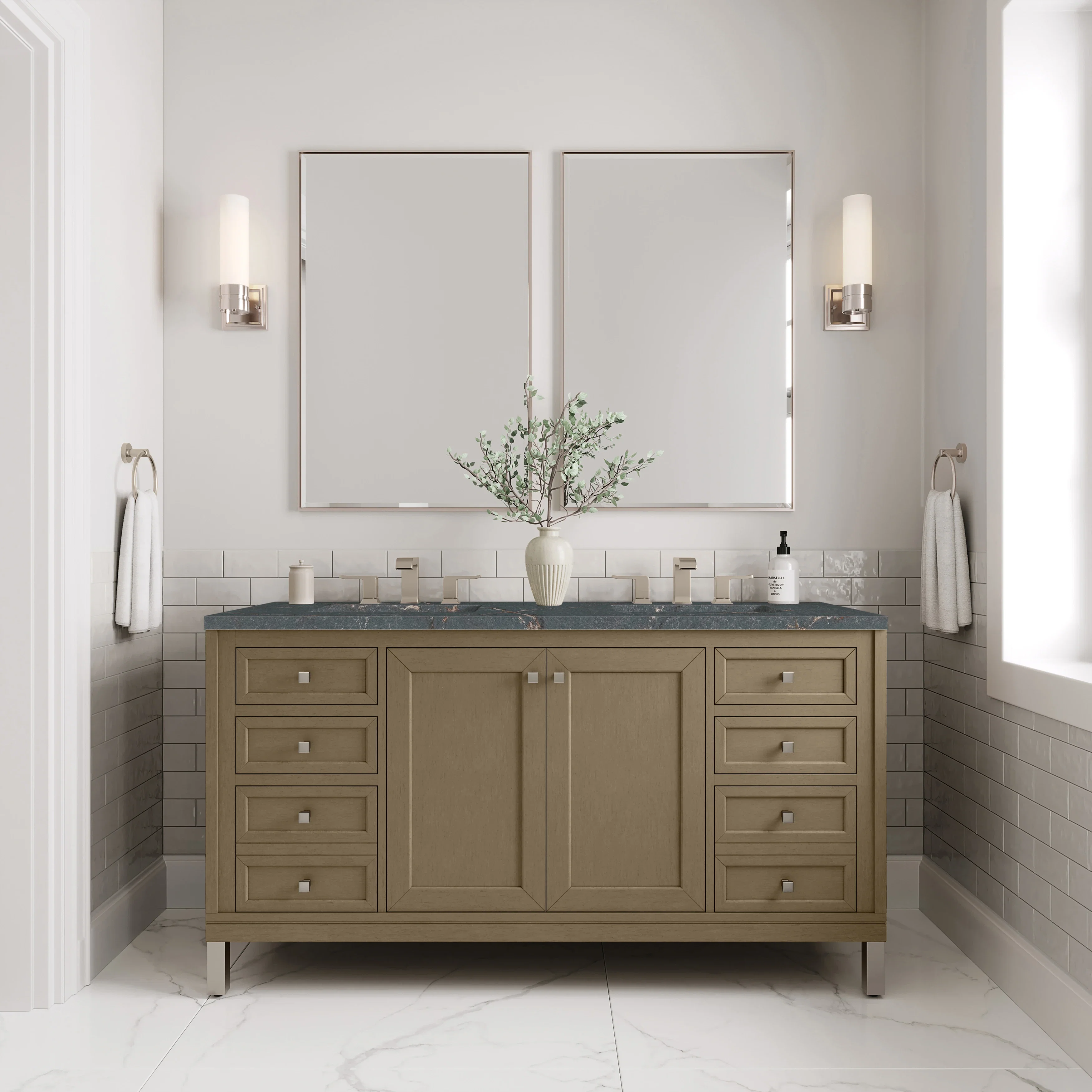 Chicago 60" Double Vanity, Walnut Whisper, w/ 3 CM Parisien Bleu Silestone® Top