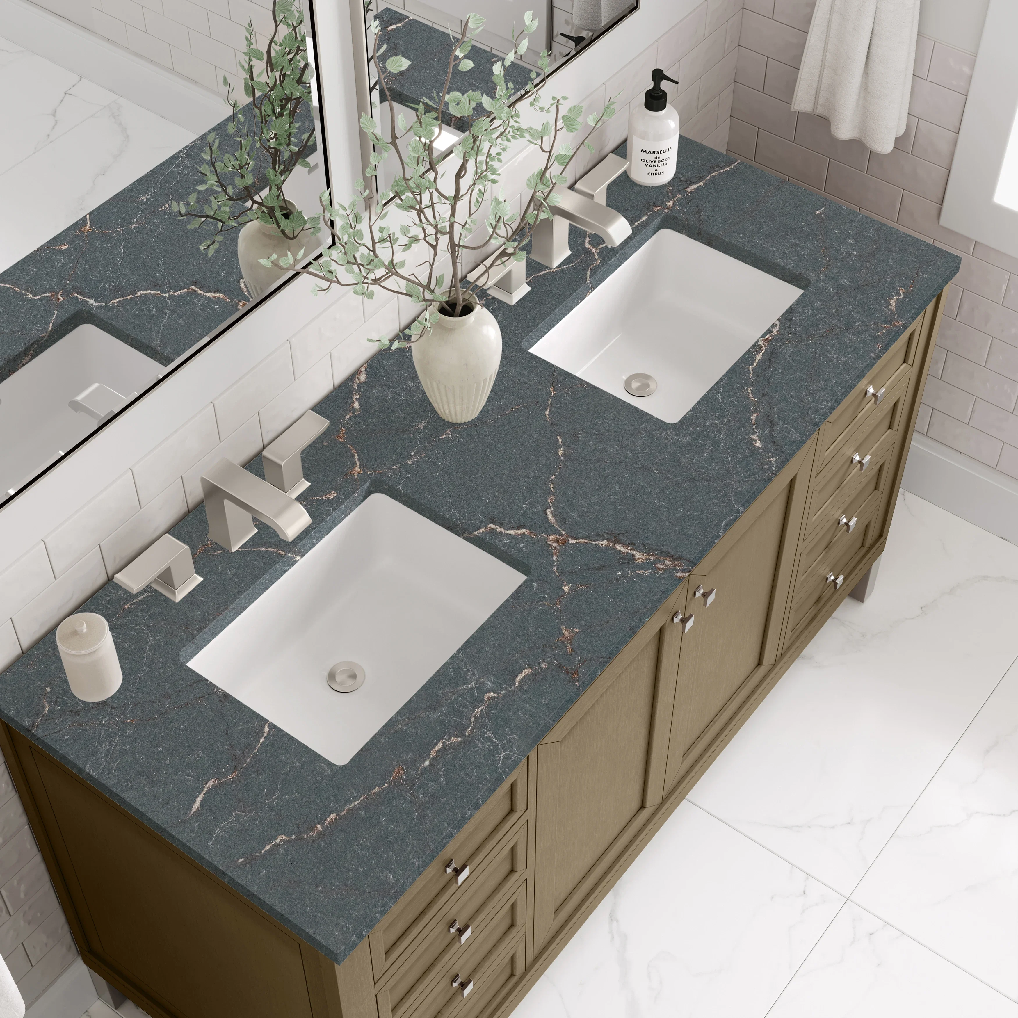 Chicago 60" Double Vanity, Walnut Whisper, w/ 3 CM Parisien Bleu Silestone® Top