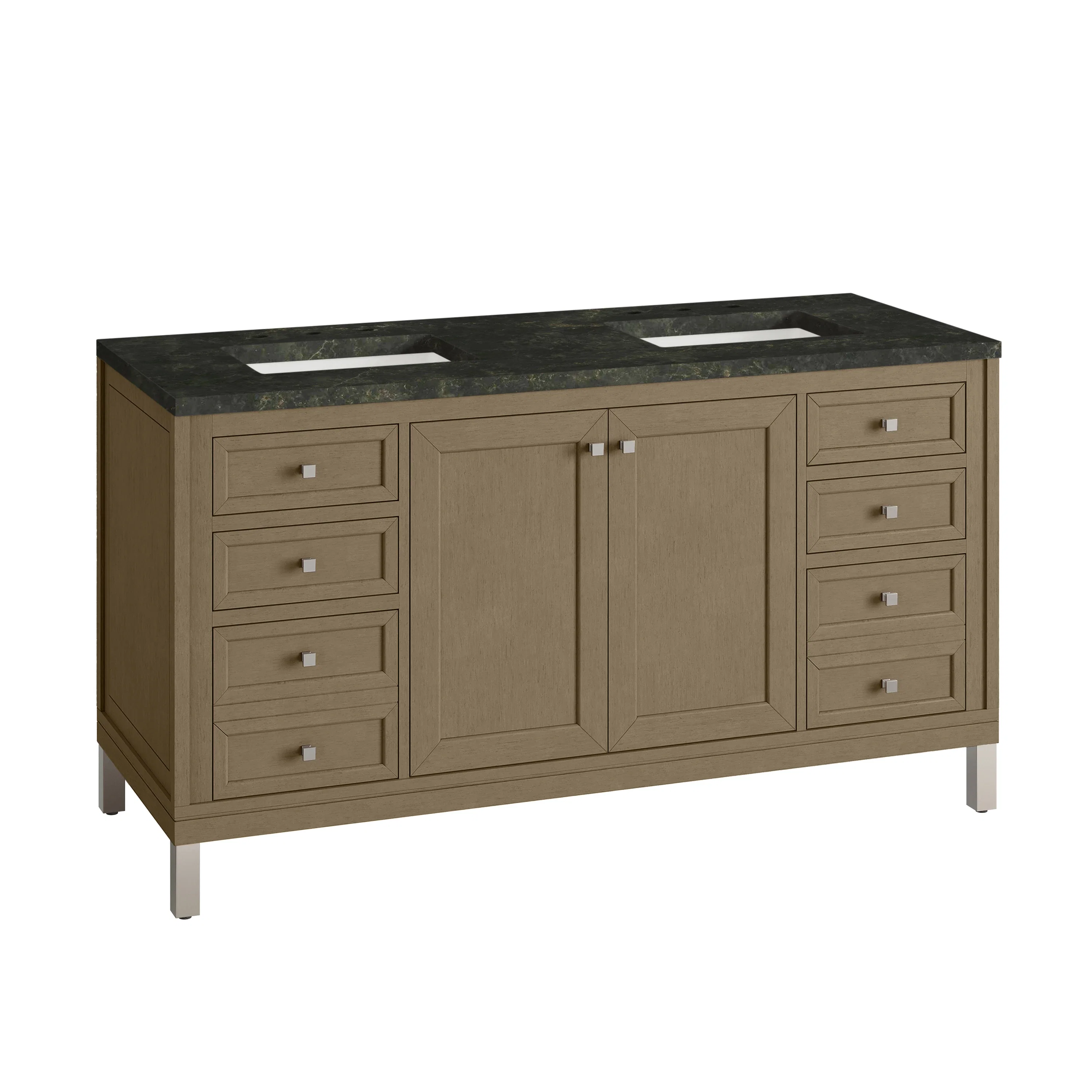 Chicago 60" Double Vanity, Walnut Whisper, w/ 3 CM Phantome Eclos Top