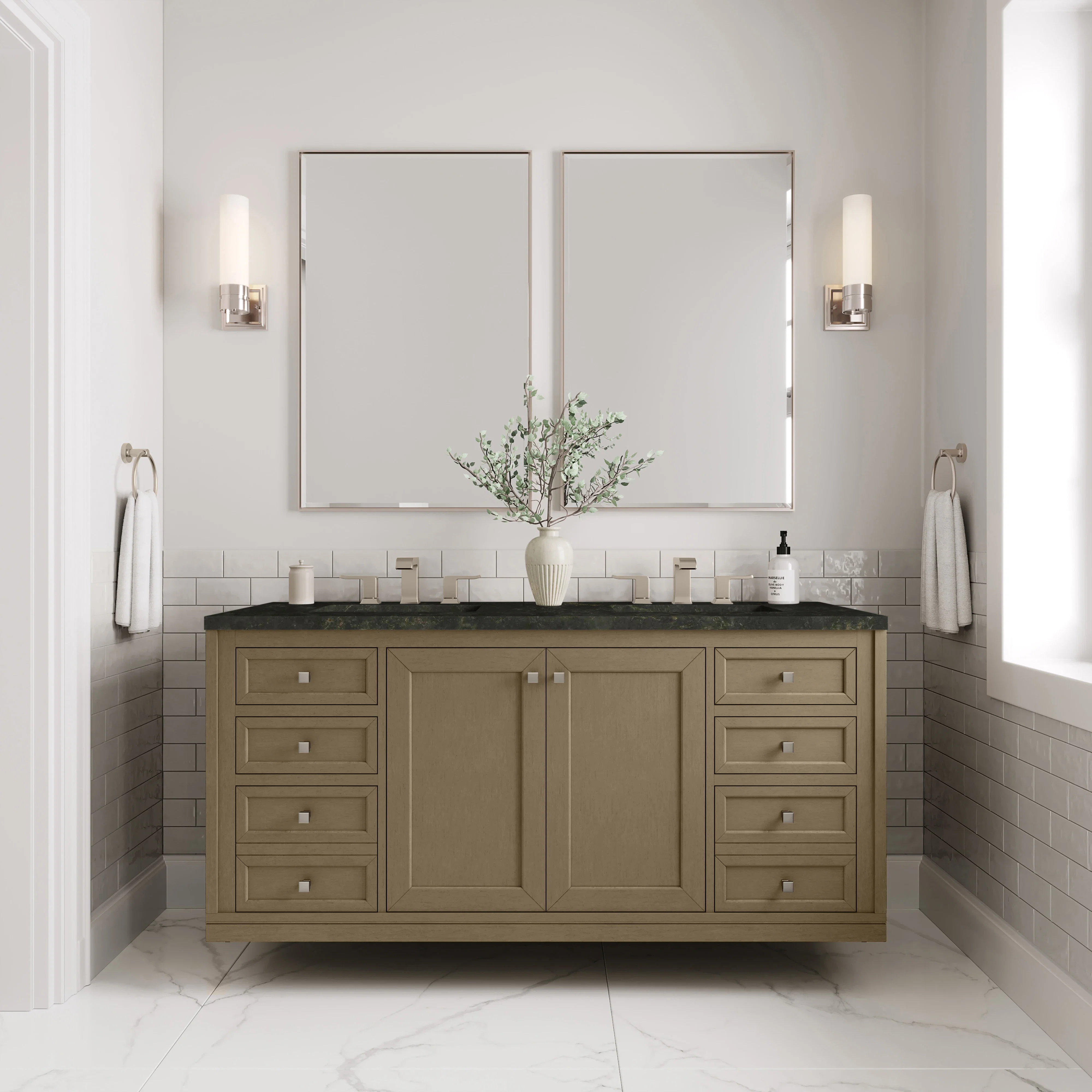 Chicago 60" Double Vanity, Walnut Whisper, w/ 3 CM Phantome Eclos Top