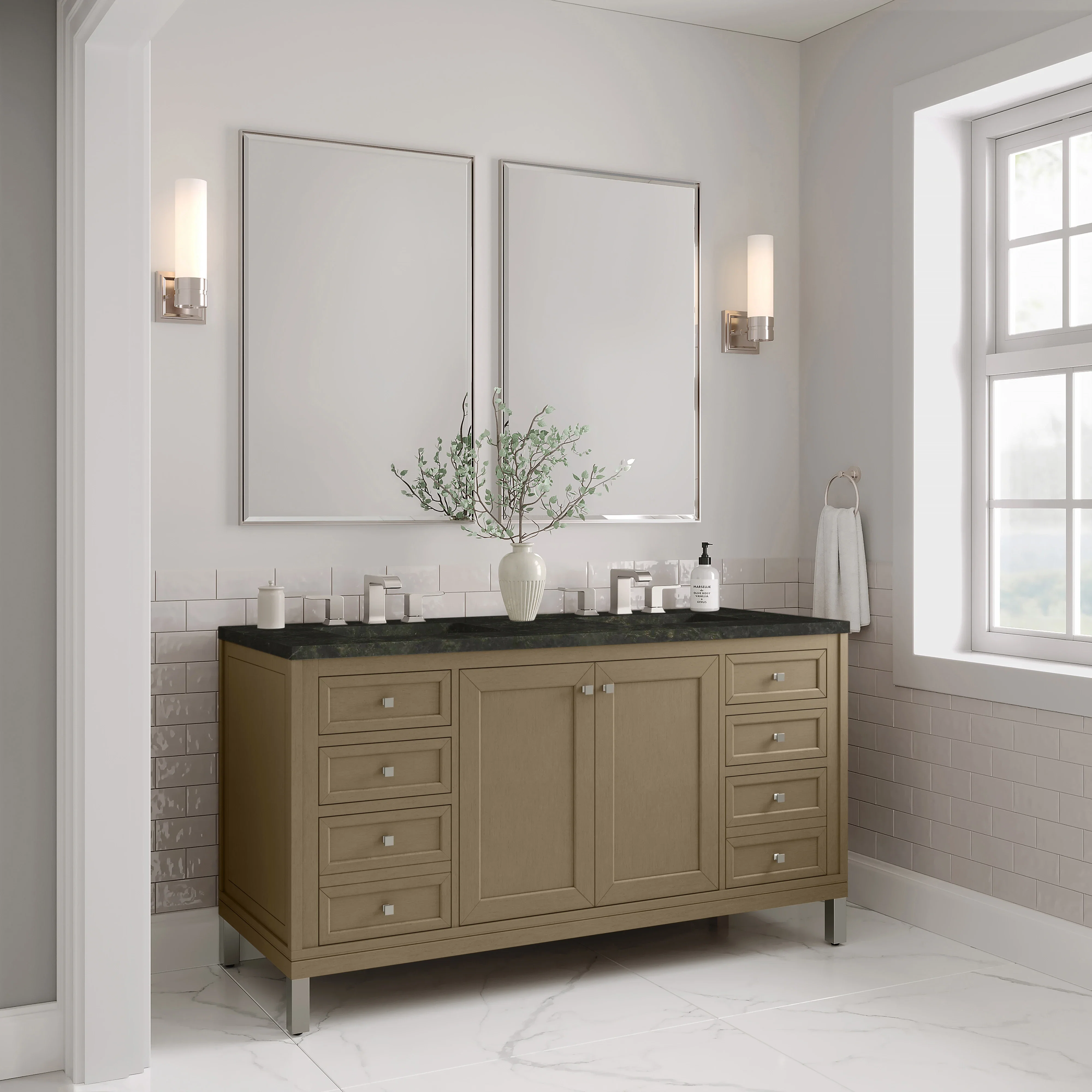 Chicago 60" Double Vanity, Walnut Whisper, w/ 3 CM Phantome Eclos Top