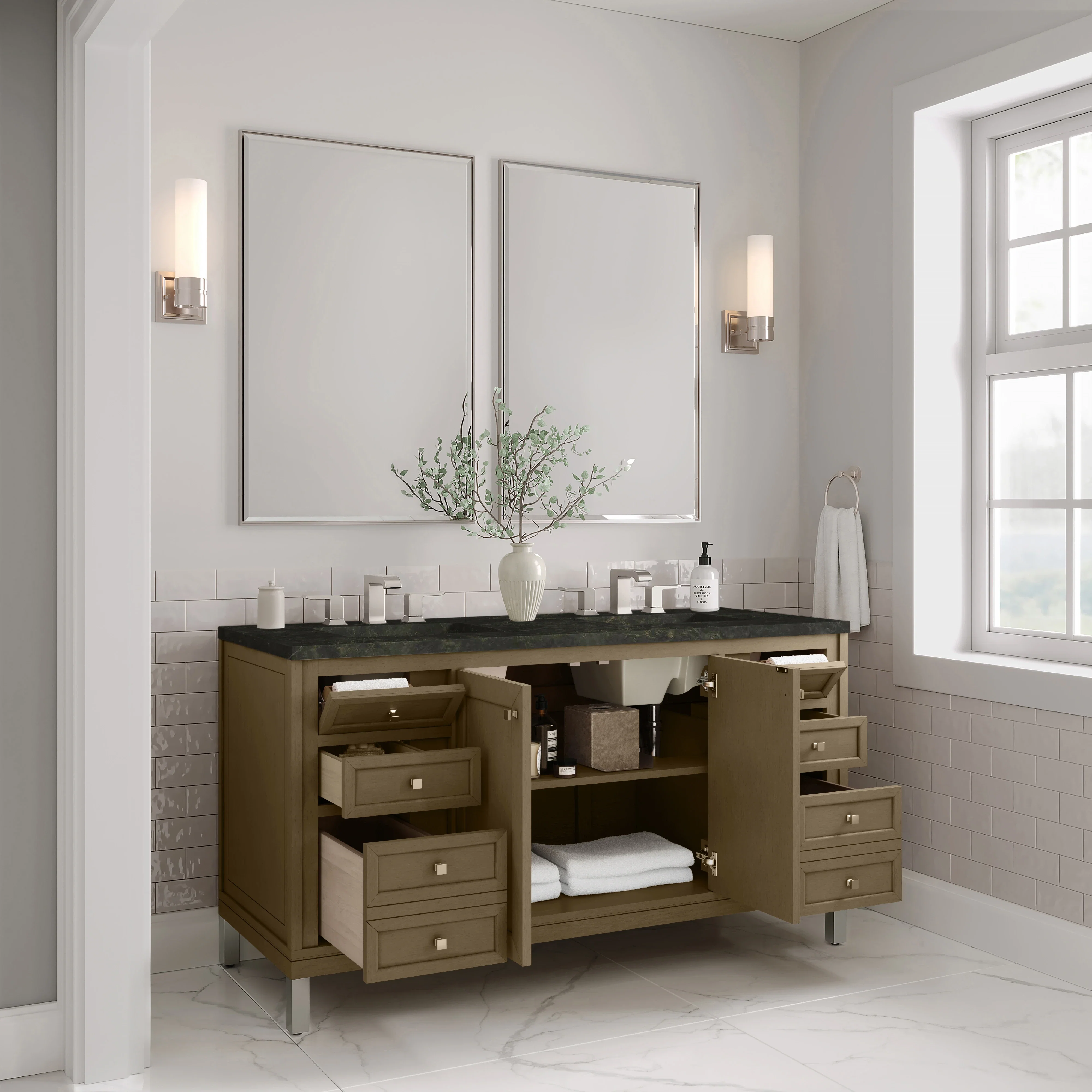 Chicago 60" Double Vanity, Walnut Whisper, w/ 3 CM Phantome Eclos Top
