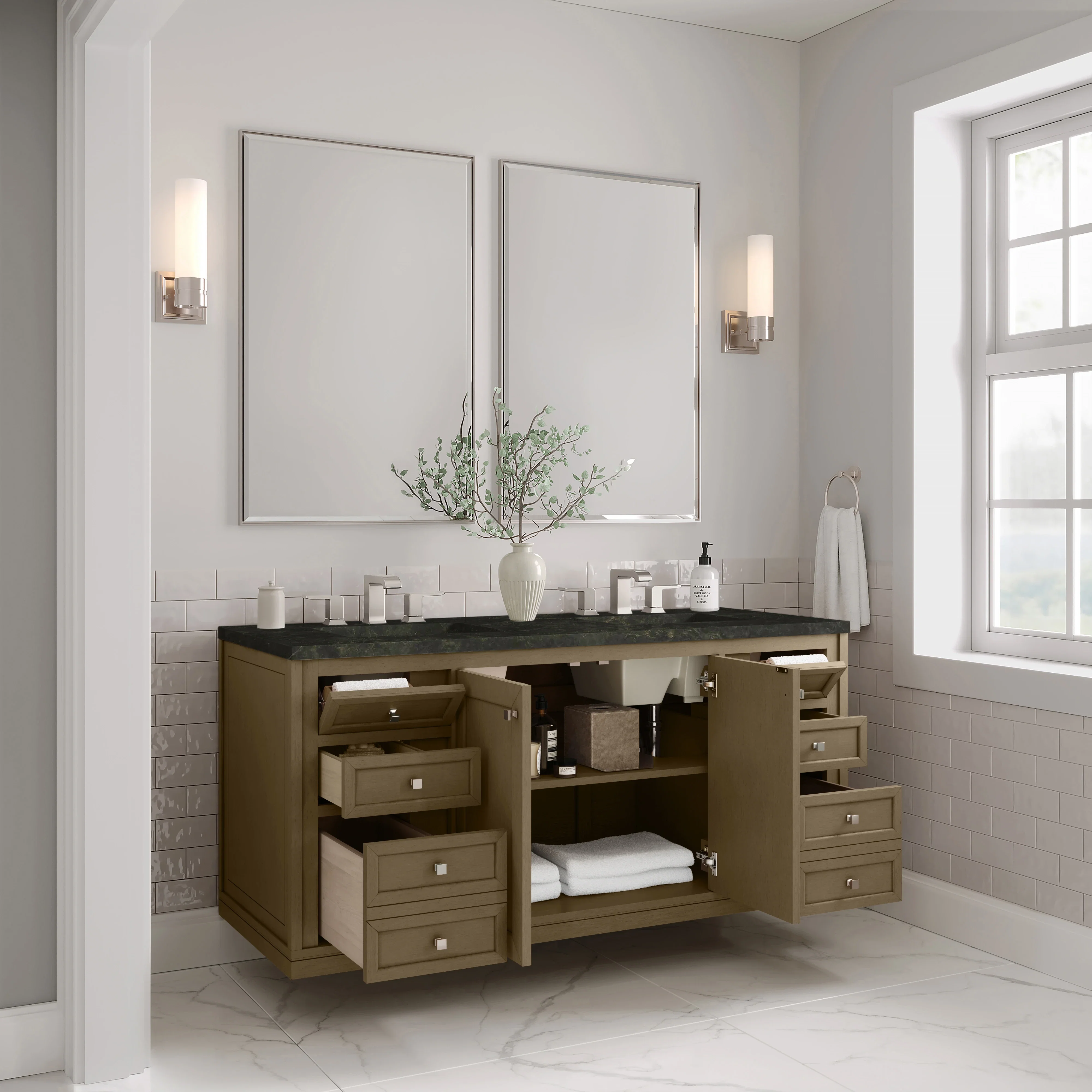 Chicago 60" Double Vanity, Walnut Whisper, w/ 3 CM Phantome Eclos Top