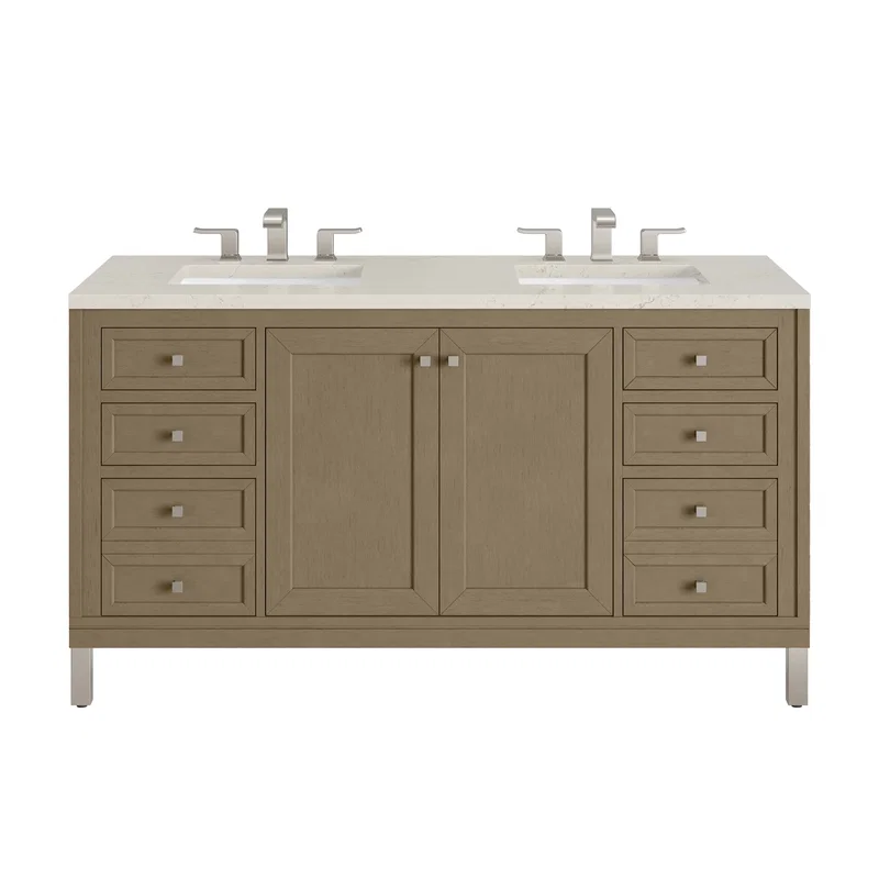 Chicago 60" Double Vanity, Walnut Whisper, w/ 3 CM Siberian Silestone Top