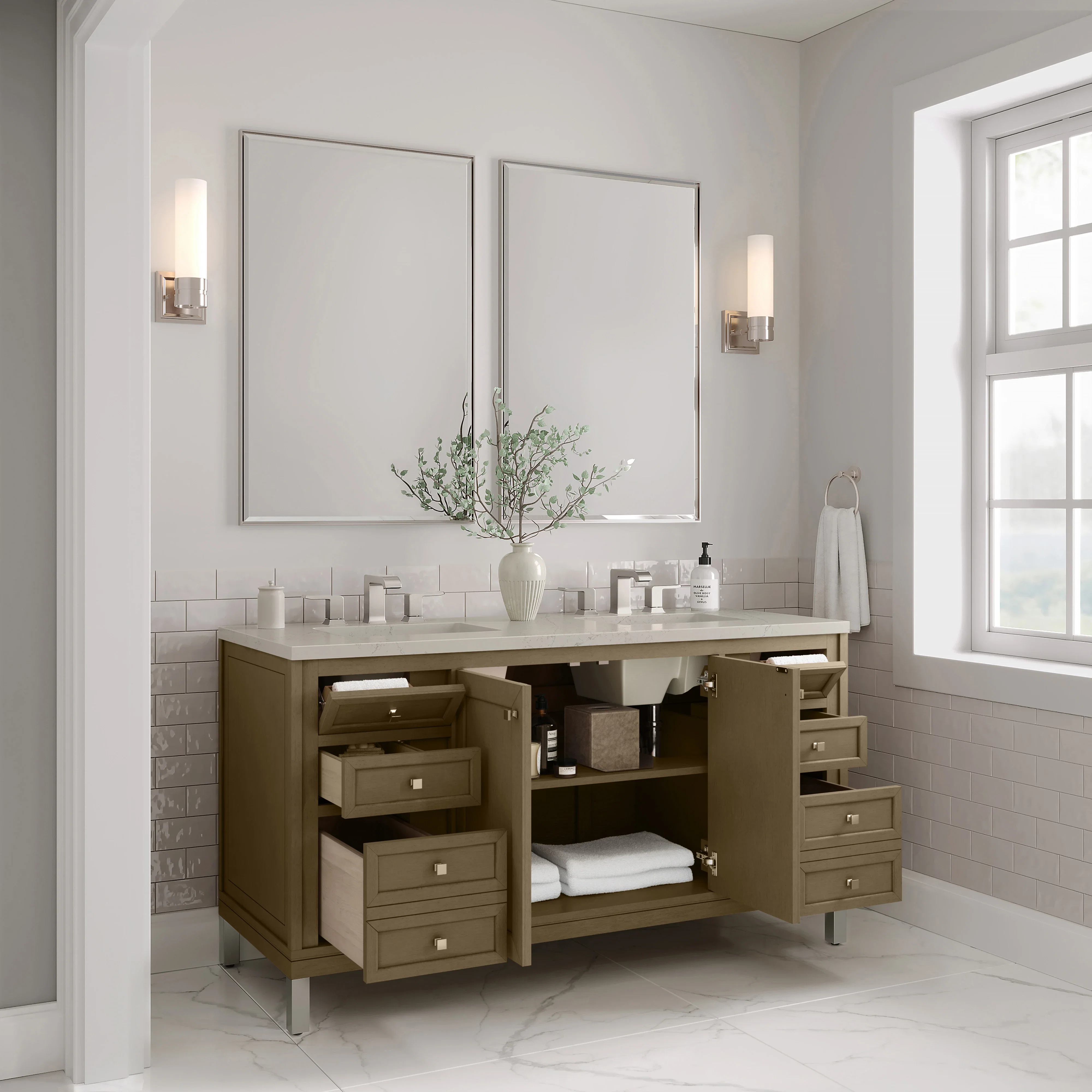 Chicago 60" Double Vanity, Walnut Whisper, w/ 3 CM Siberian Silestone Top