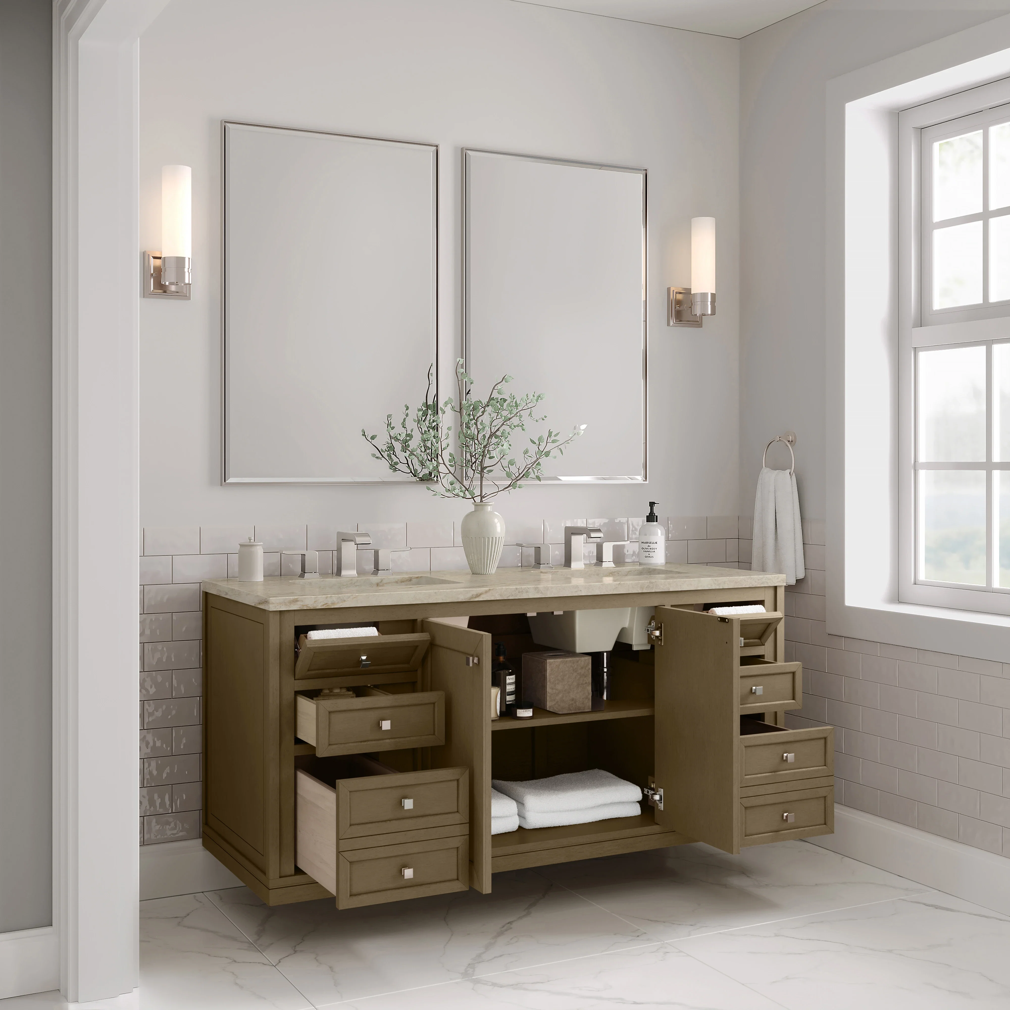 Chicago 60" Double Vanity, Walnut Whisper, w/ 3 CM Tajnar Eclos Top