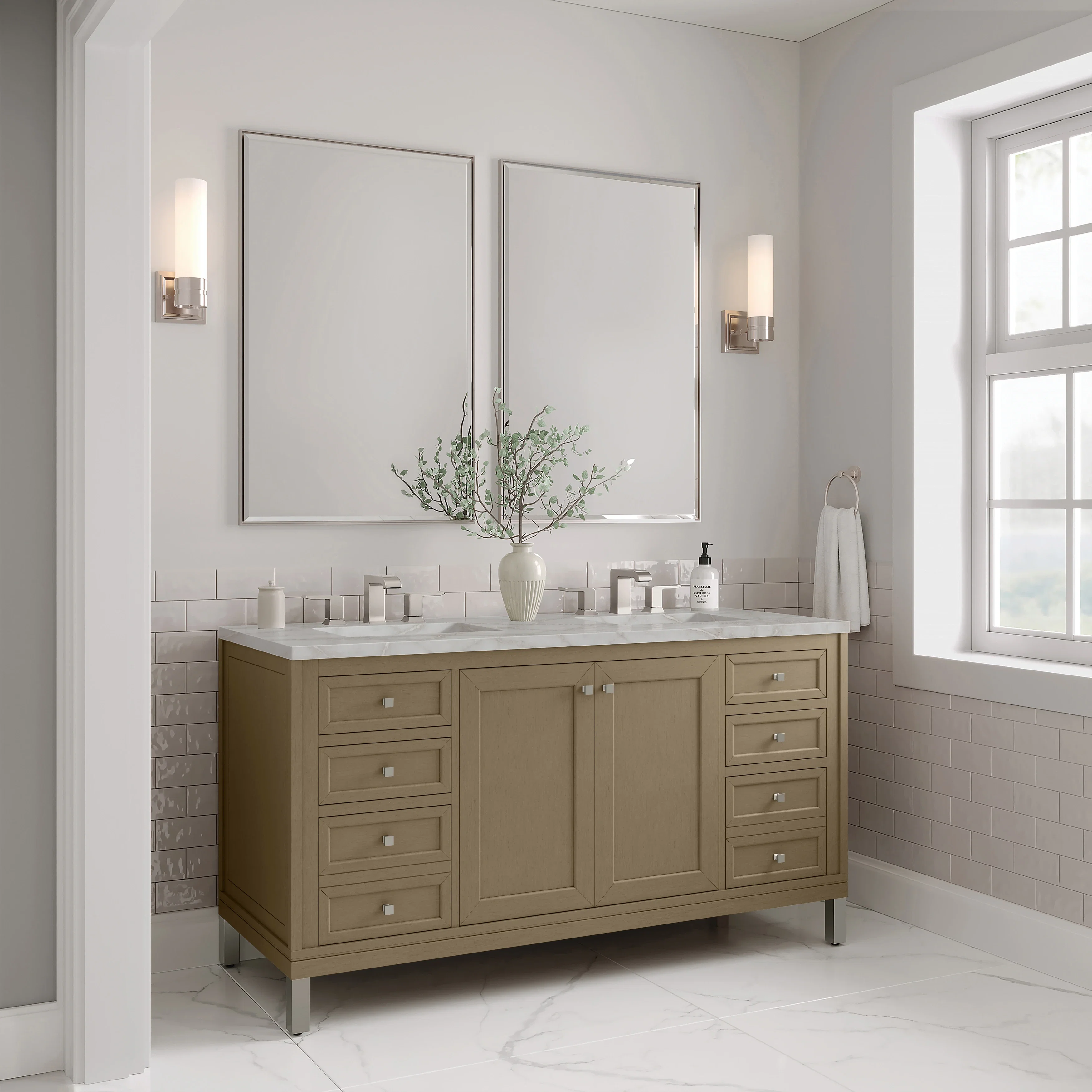 Chicago 60" Double Vanity, Walnut Whisper, w/ 3 CM Victorian Silver Silestone® Top
