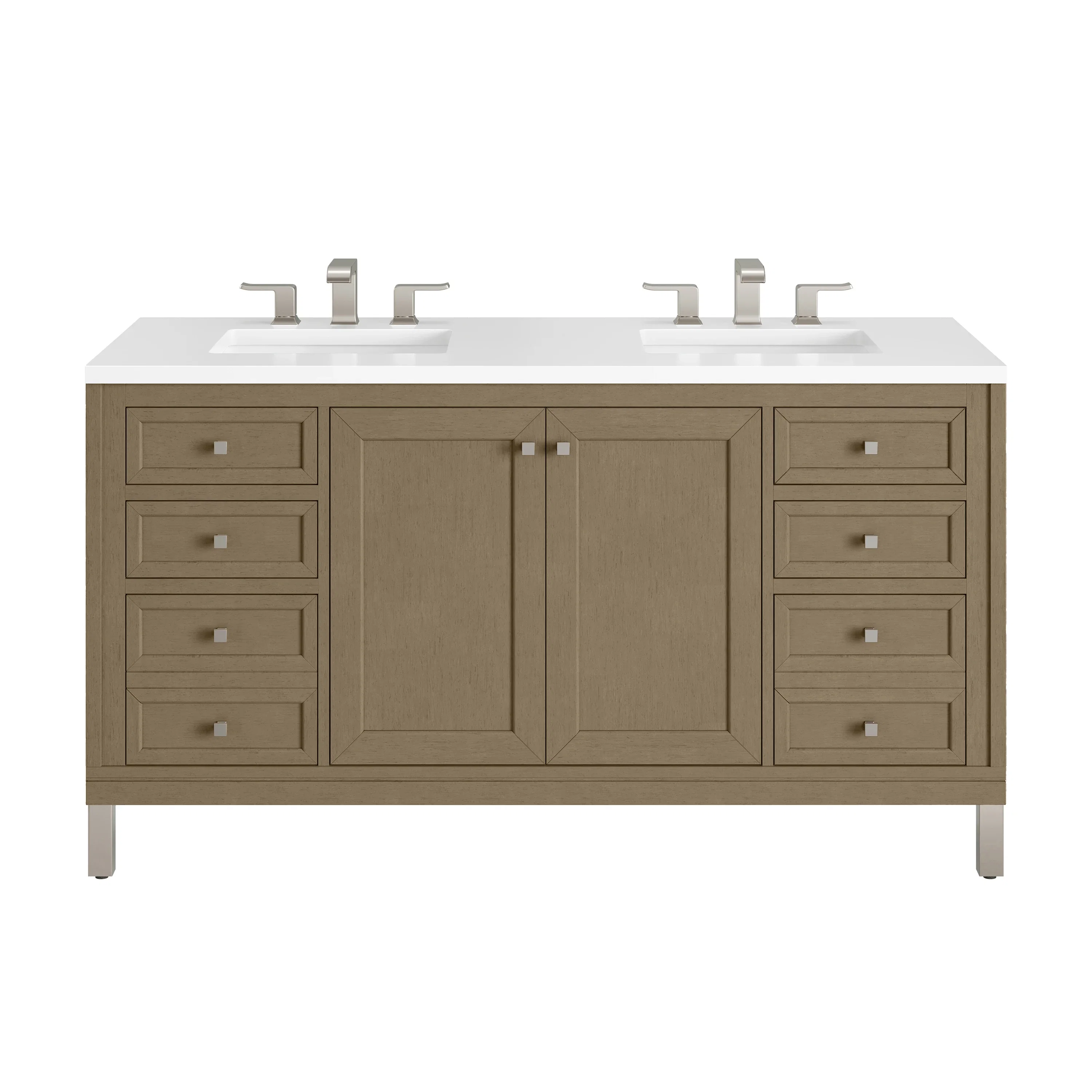 Chicago 60" Double Vanity, Walnut Whisper, w/ 3 CM White Zeus Silestone® Top