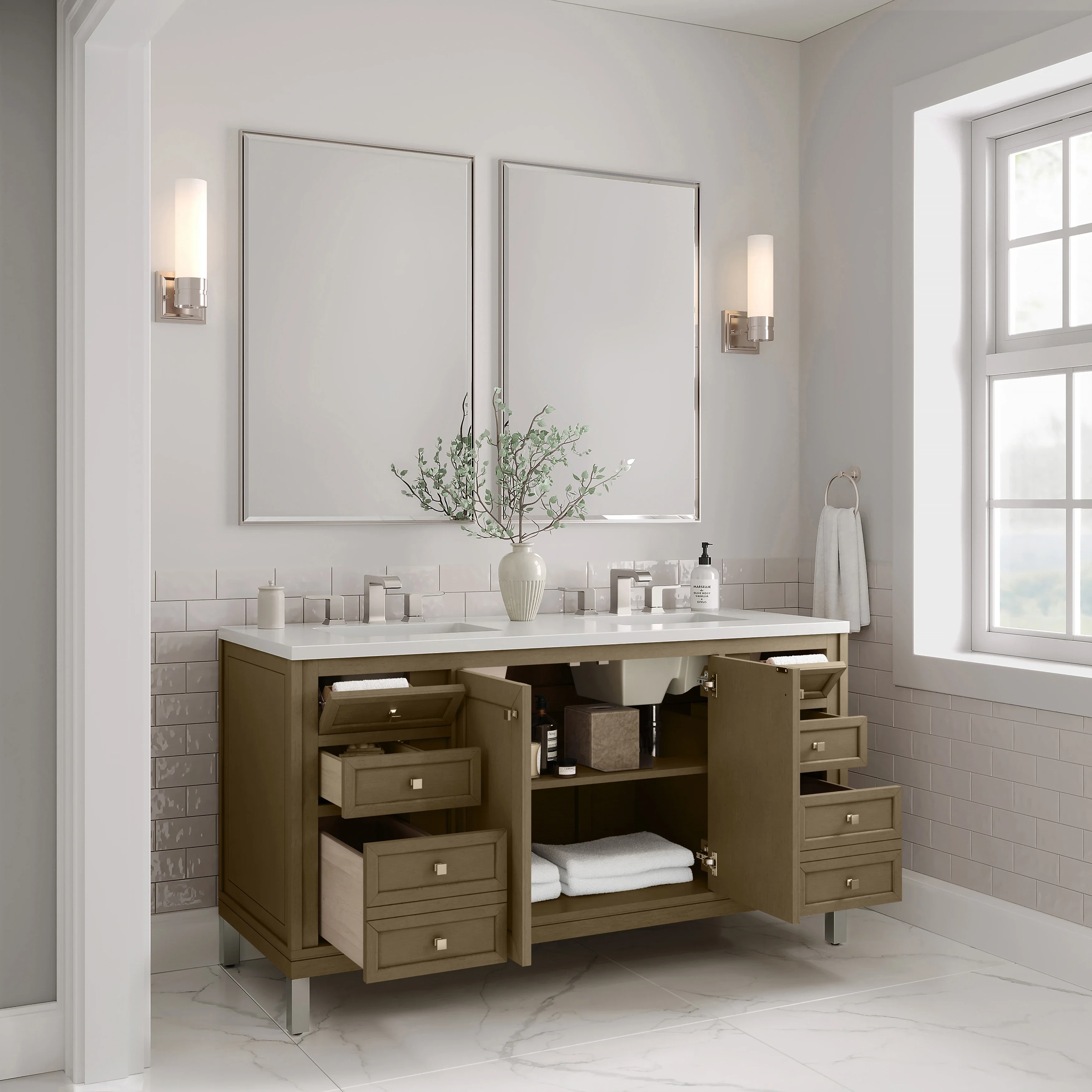Chicago 60" Double Vanity, Walnut Whisper, w/ 3 CM White Zeus Silestone® Top