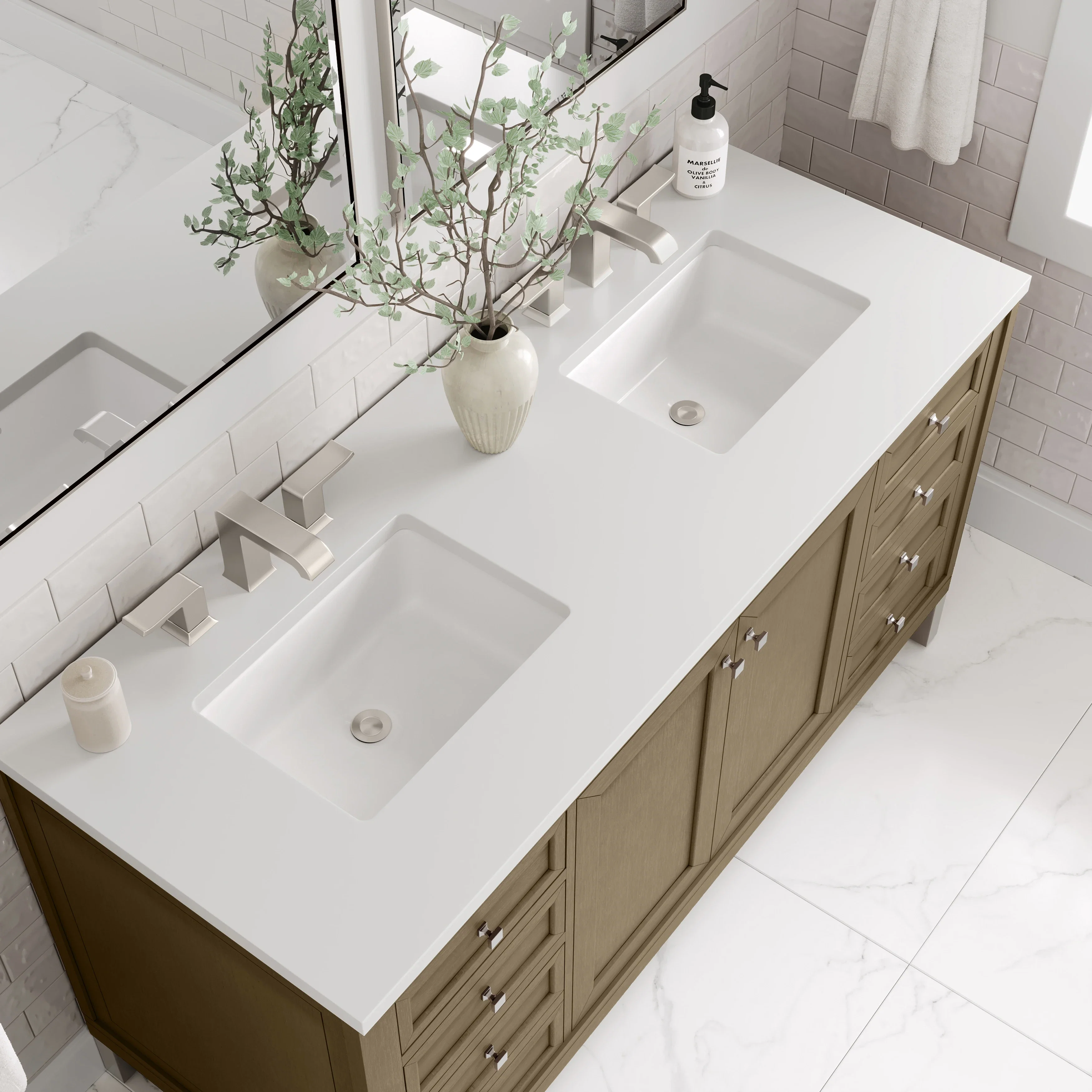 Chicago 60" Double Vanity, Walnut Whisper, w/ 3 CM White Zeus Silestone® Top
