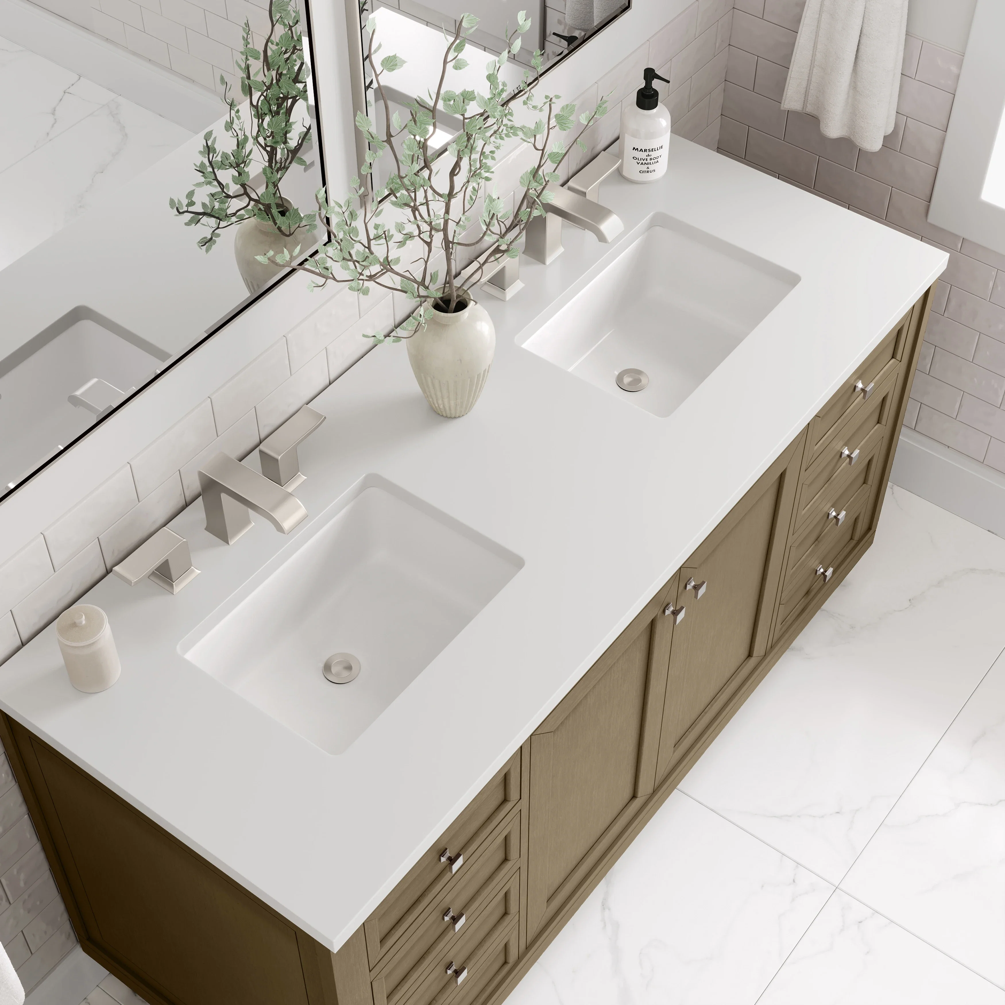 Chicago 60" Double Vanity, Walnut Whisper, w/ 3 CM White Zeus Silestone® Top