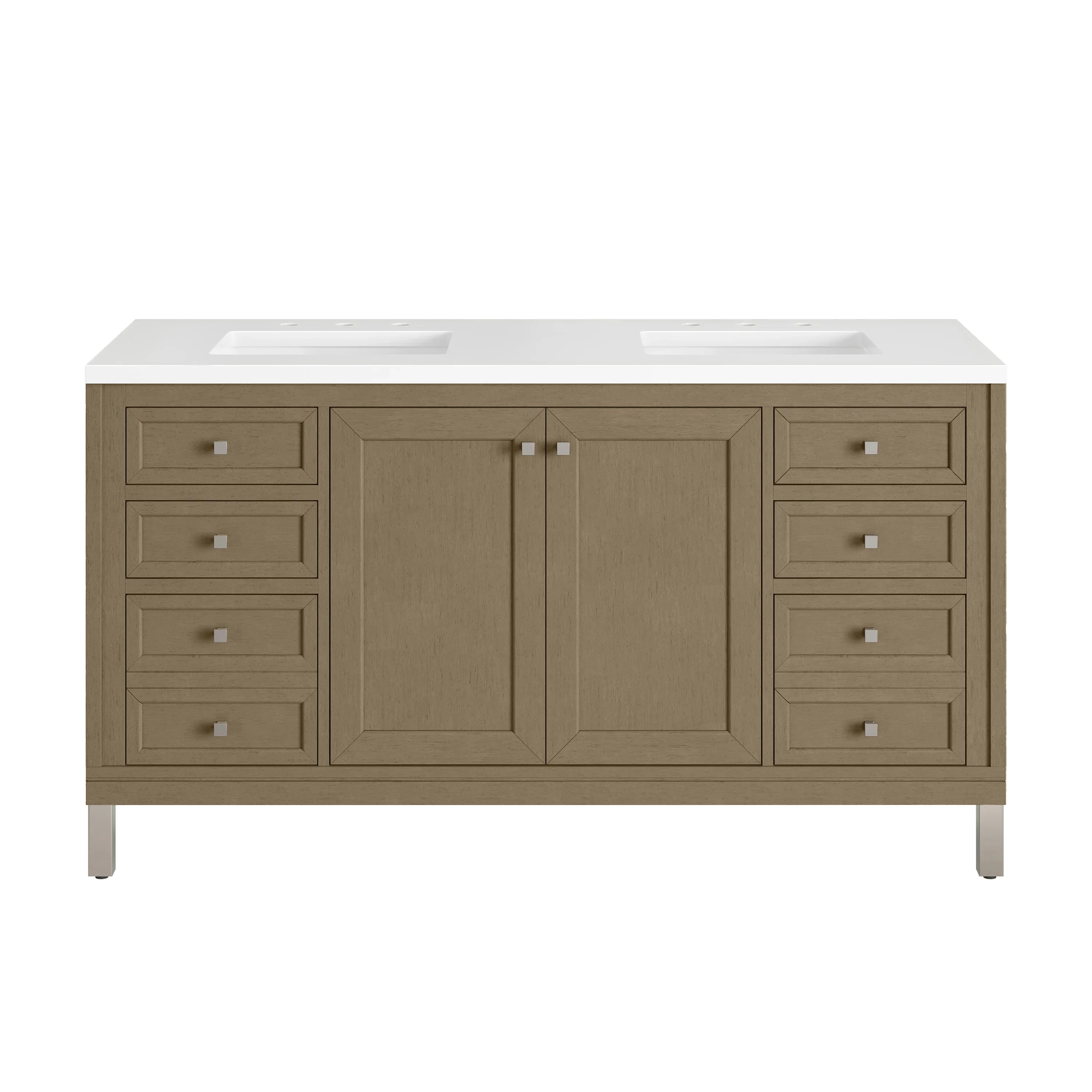 Chicago 60" Double Vanity, Walnut Whisper, w/ 3 CM White Zeus Silestone® Top