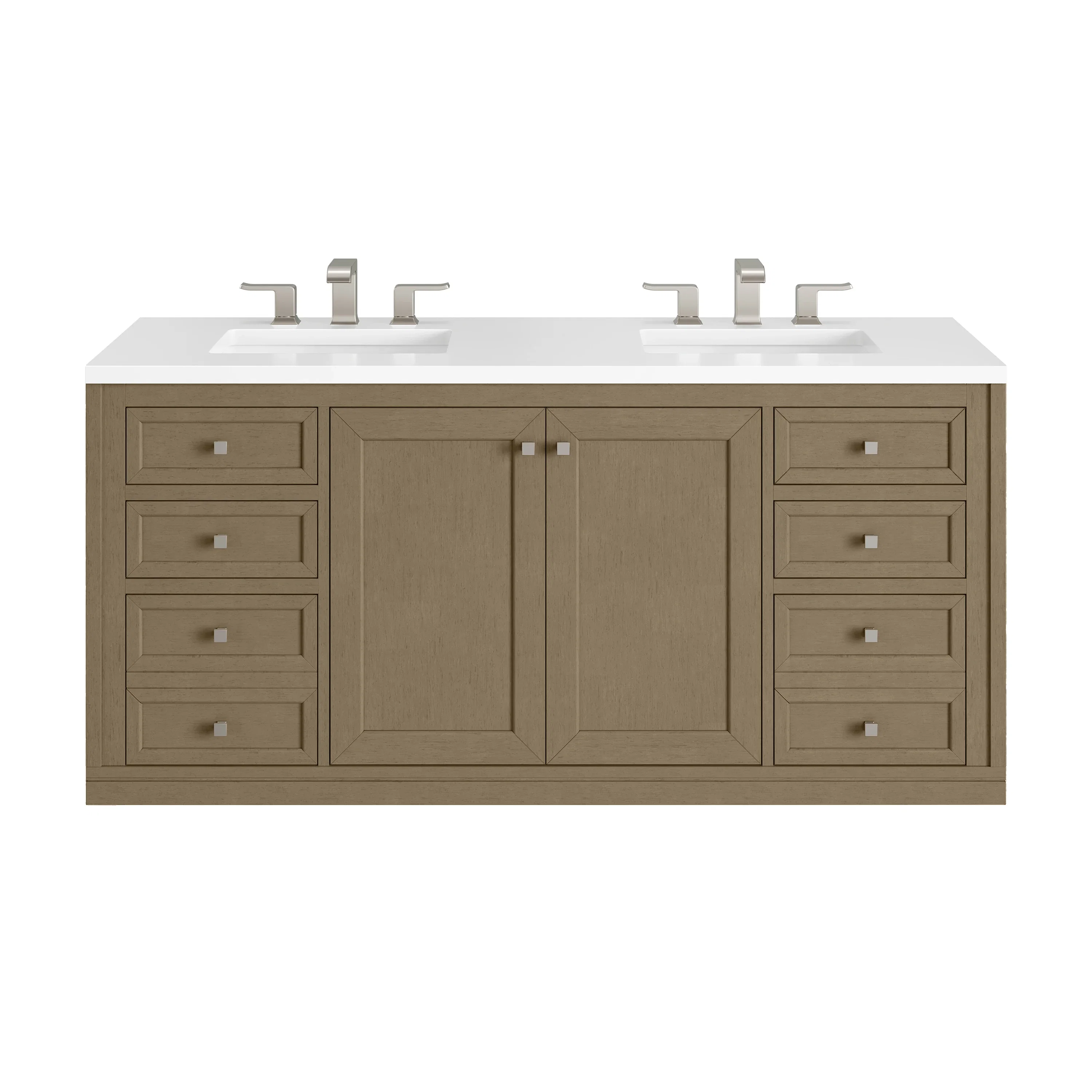 Chicago 60" Double Vanity, Walnut Whisper, w/ 3 CM White Zeus Silestone® Top