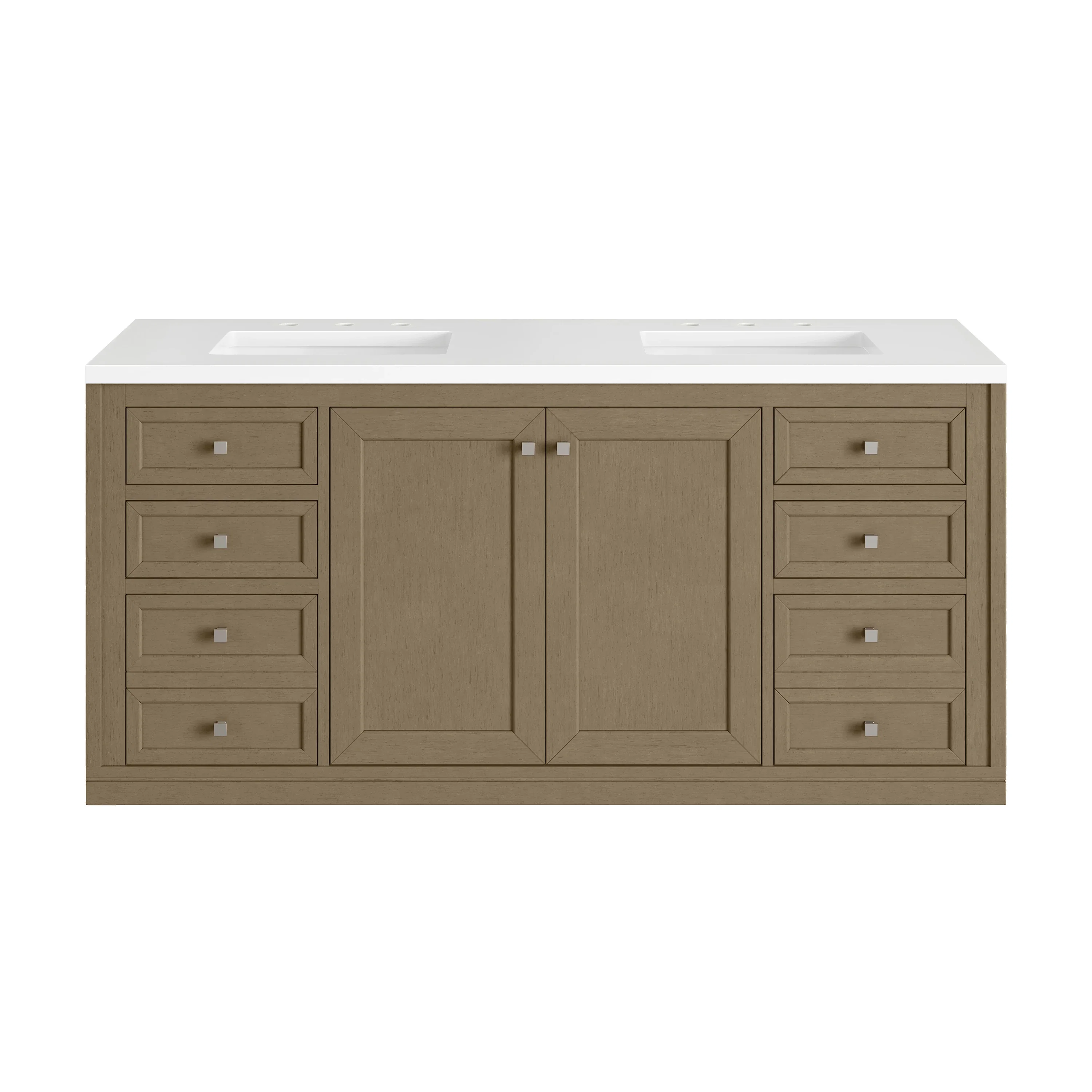 Chicago 60" Double Vanity, Walnut Whisper, w/ 3 CM White Zeus Silestone® Top