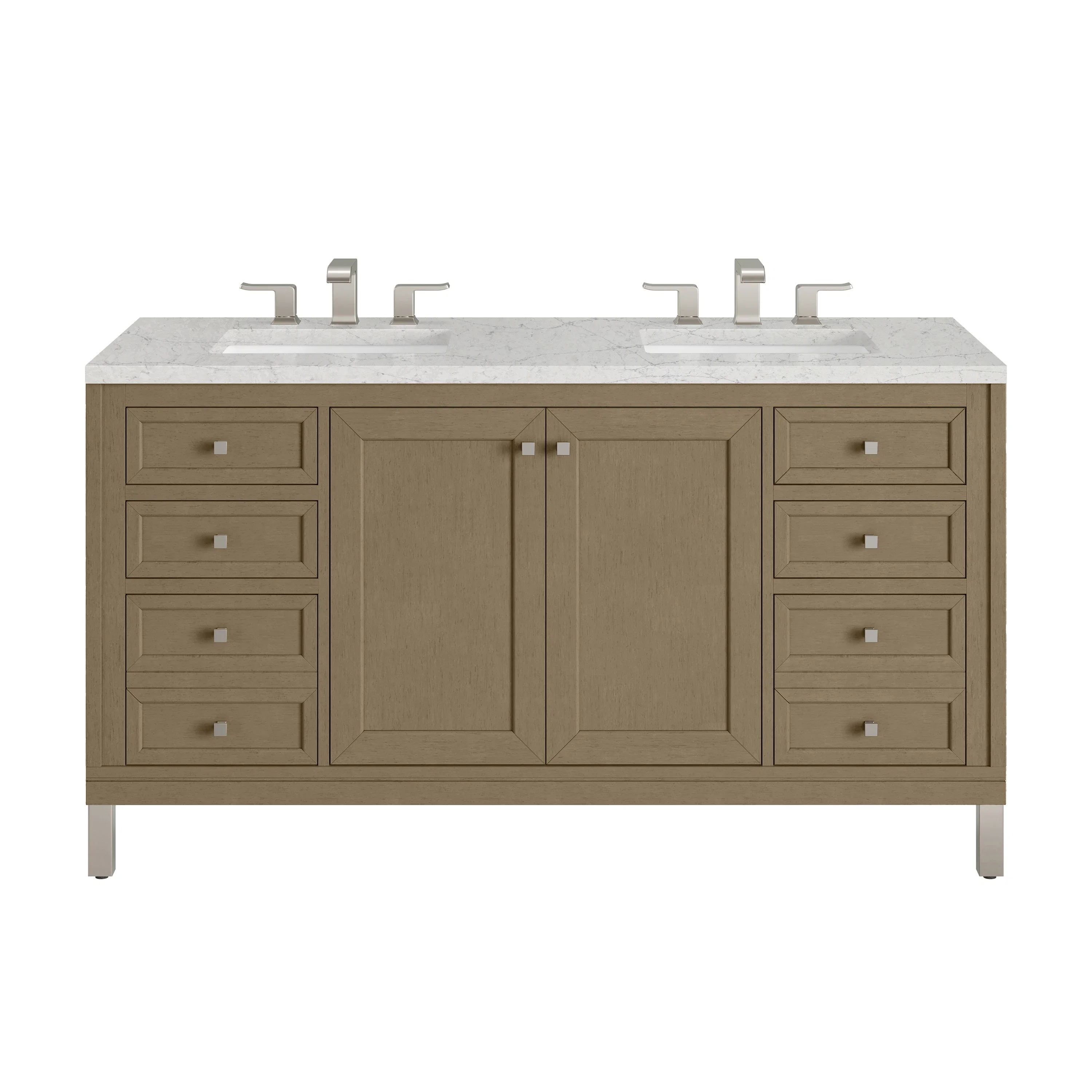 Chicago 60" Double Vanity, Walnut Whisper, w/ 3 CM Eternal Jasmine Pearl Silestone® Top w/FreePower Wireless Charger