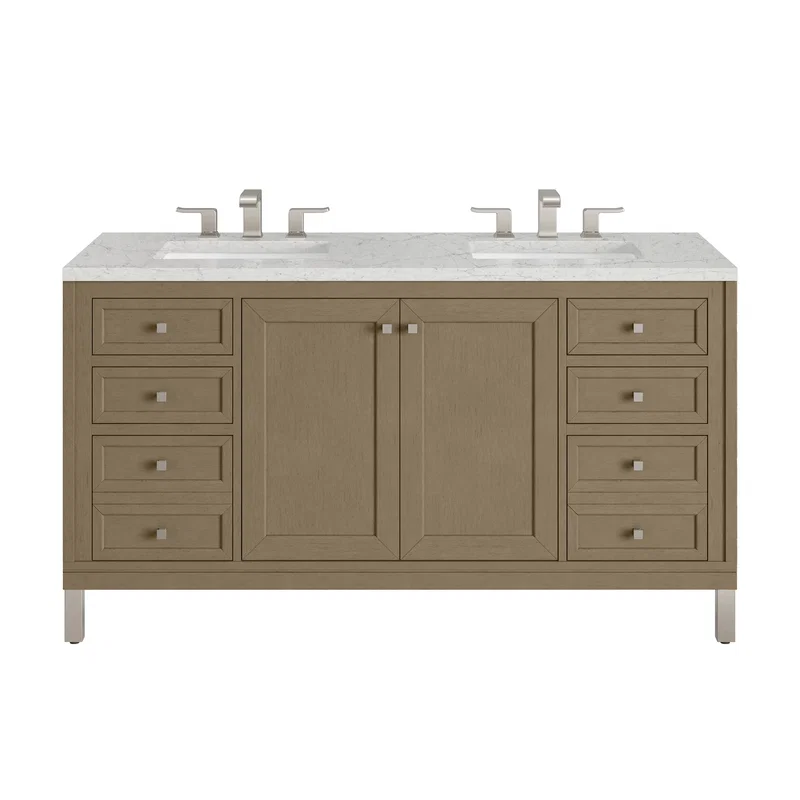Chicago 60" Double Vanity, Walnut Whisper, w/ 3 CM Eternal Jasmine Pearl Silestone® Top w/FreePower Wireless Charger