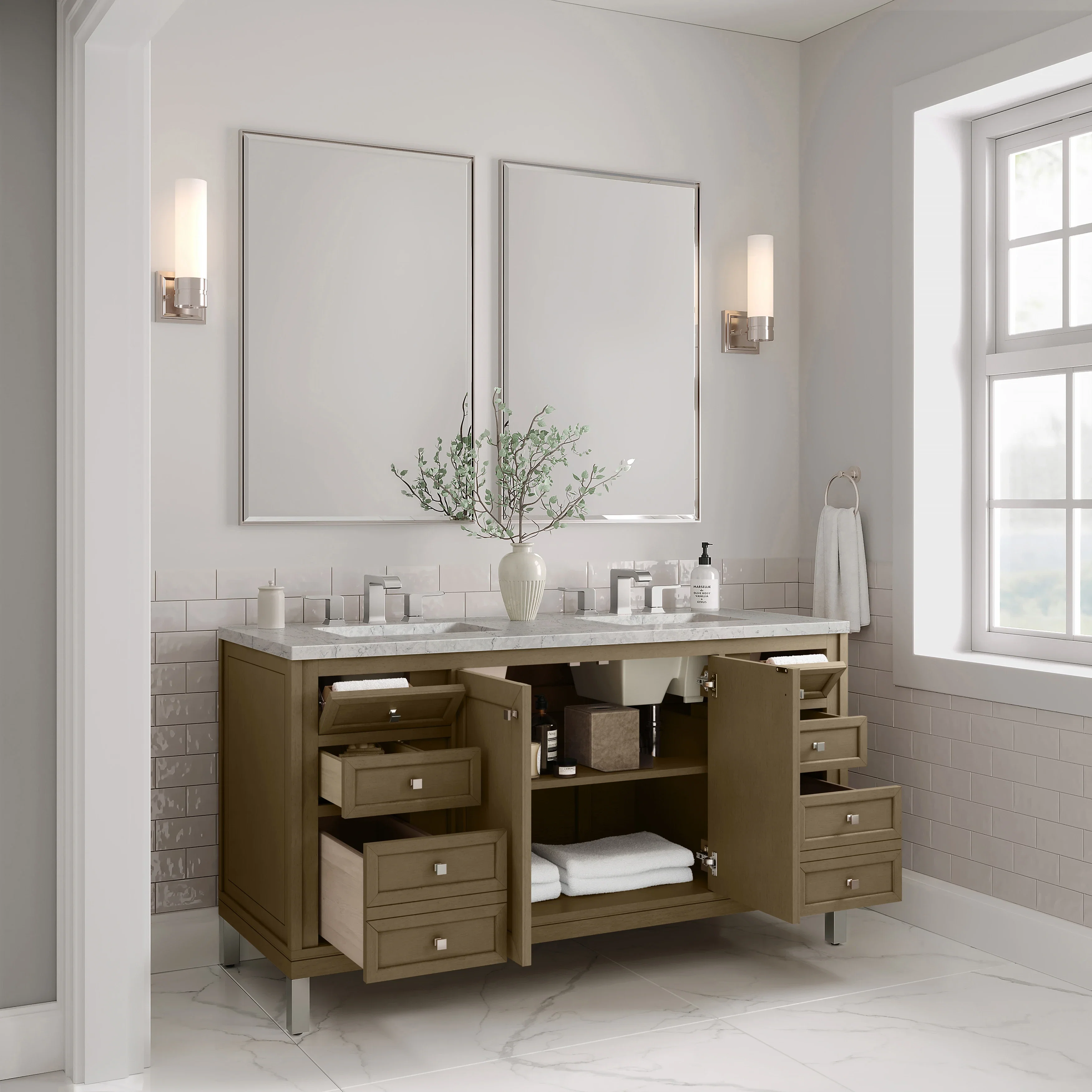 Chicago 60" Double Vanity, Walnut Whisper, w/ 3 CM Eternal Jasmine Pearl Silestone® Top w/FreePower Wireless Charger