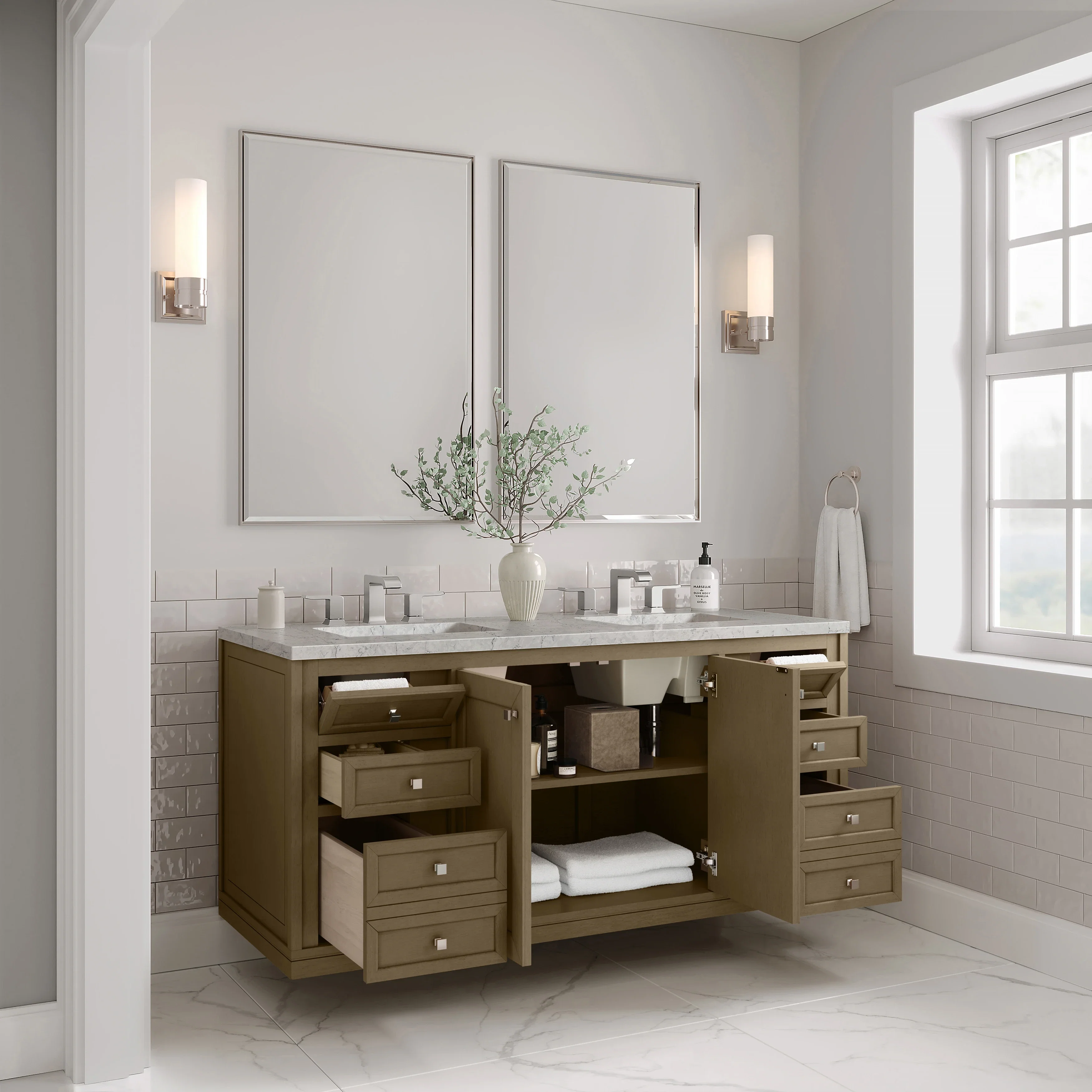 Chicago 60" Double Vanity, Walnut Whisper, w/ 3 CM Eternal Jasmine Pearl Silestone® Top w/FreePower Wireless Charger
