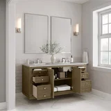 Chicago 60" Double Vanity, Walnut Whisper, w/ 3 CM Eternal Jasmine Pearl Silestone® Top w/FreePower Wireless Charger