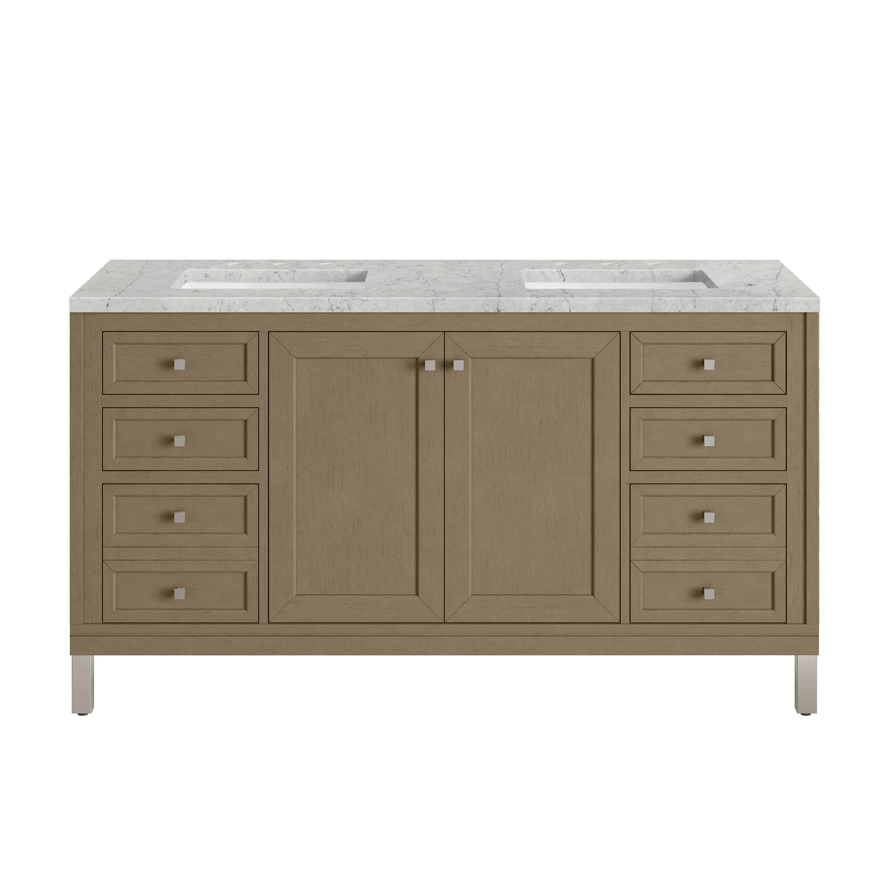 Chicago 60" Double Vanity, Walnut Whisper, w/ 3 CM Eternal Jasmine Pearl Silestone® Top w/FreePower Wireless Charger